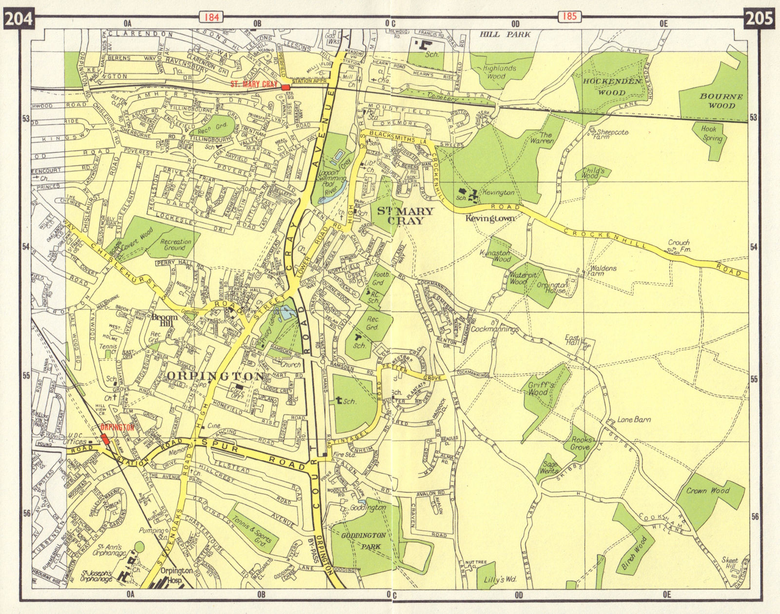 Associate Product SE LONDON Orpington St Mary Cray Broom Hill Kevingtown Derry Downs 1965 map