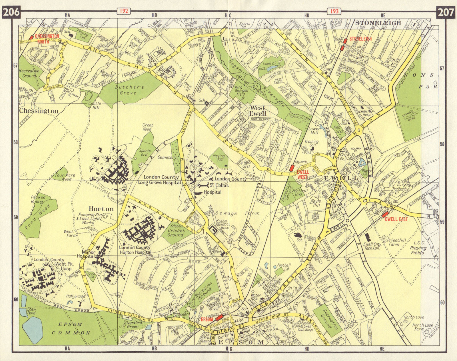 SW LONDON Ewell Horton Epsom Stoneleigh Chessington Nonsuch Hogsmill 1965 map