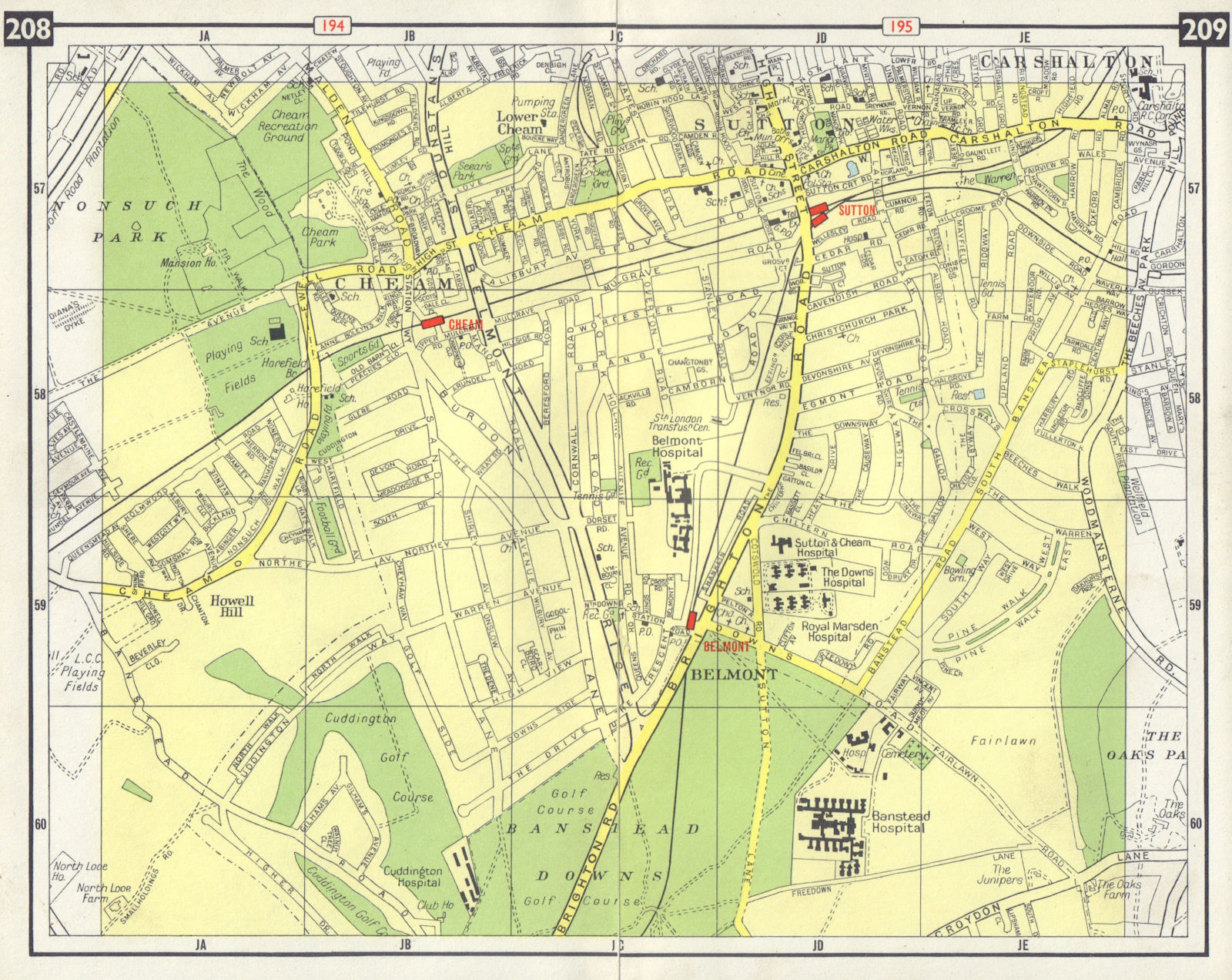 SW LONDON Cheam Sutton Belmont Carshalton Banstead Howell East Ewell 1965 map