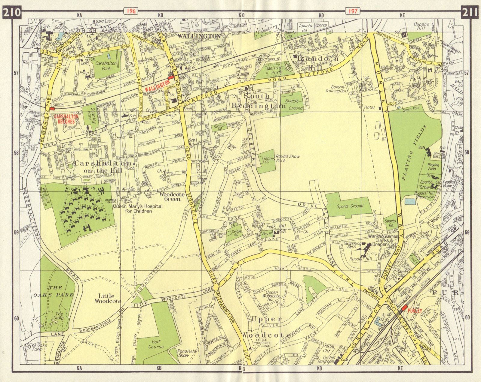 Associate Product S LONDON Wallington South Beddington Carshalton Upper Woodcote Purley 1965 map