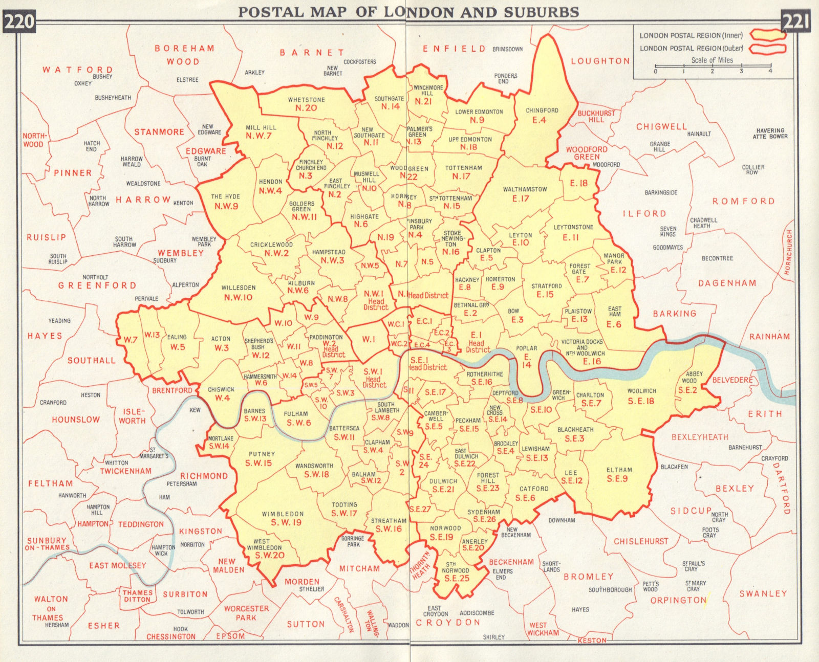 Postal map of London and Suburbs Postcodes Postal districts Zipcodes 1965