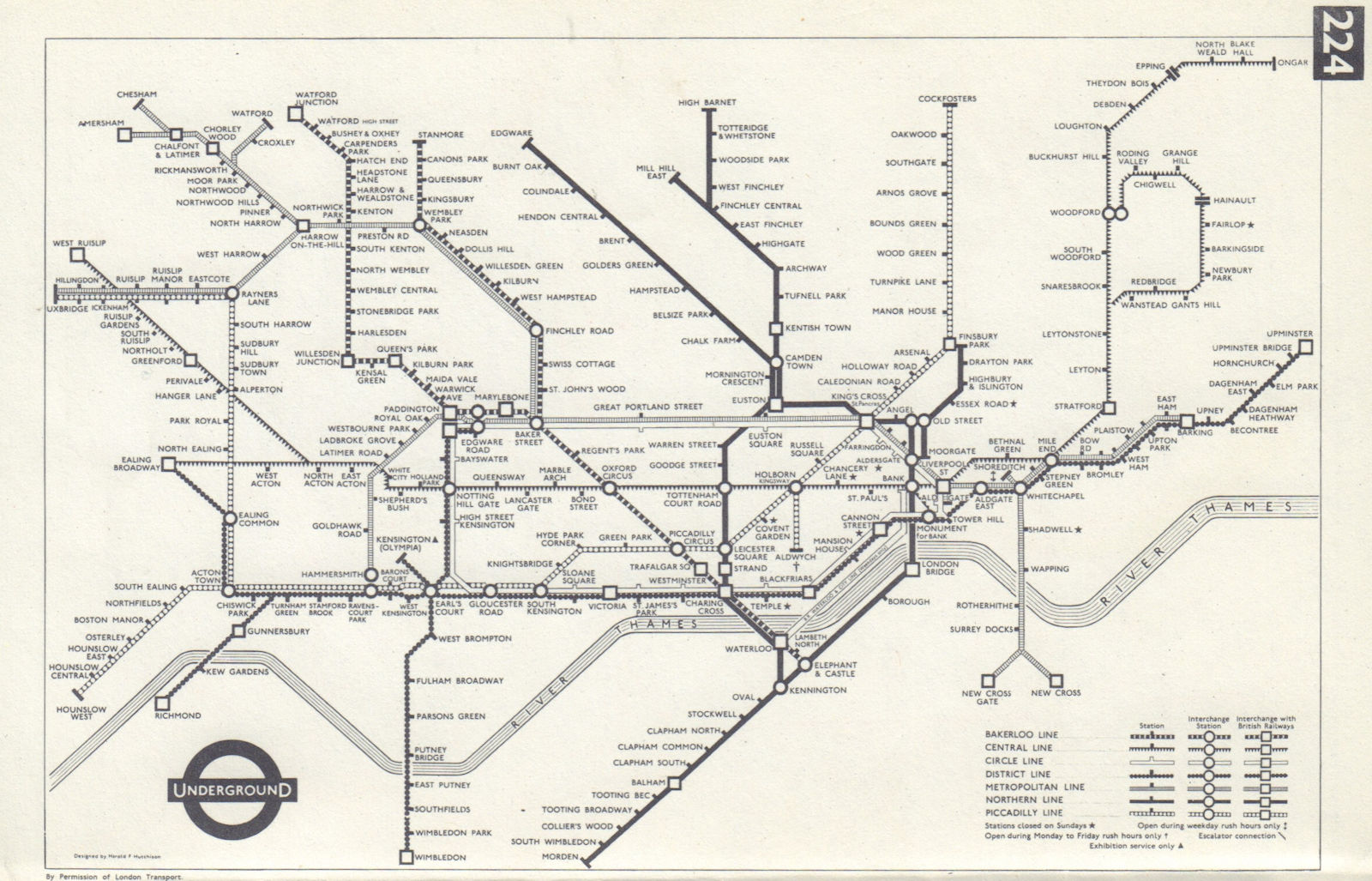 LONDON UNDERGROUND diagram of lines tube map HUTCHISON (1963) 1965 old