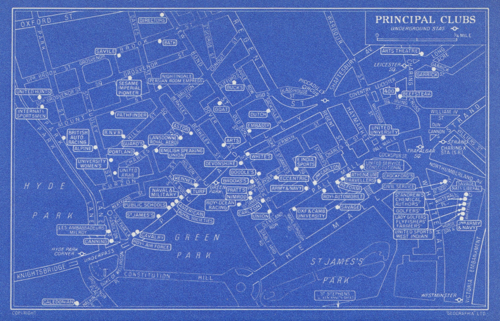 LONDON GENTLEMENS' & LADIES CLUBS St James's Mayfair Whitehall 1965 old map
