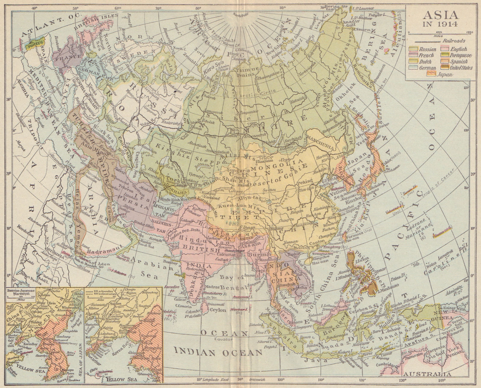 Associate Product COLONIAL ASIA. East Indies &c. Inset Russian-Japanese War 1904/05 1914 old map