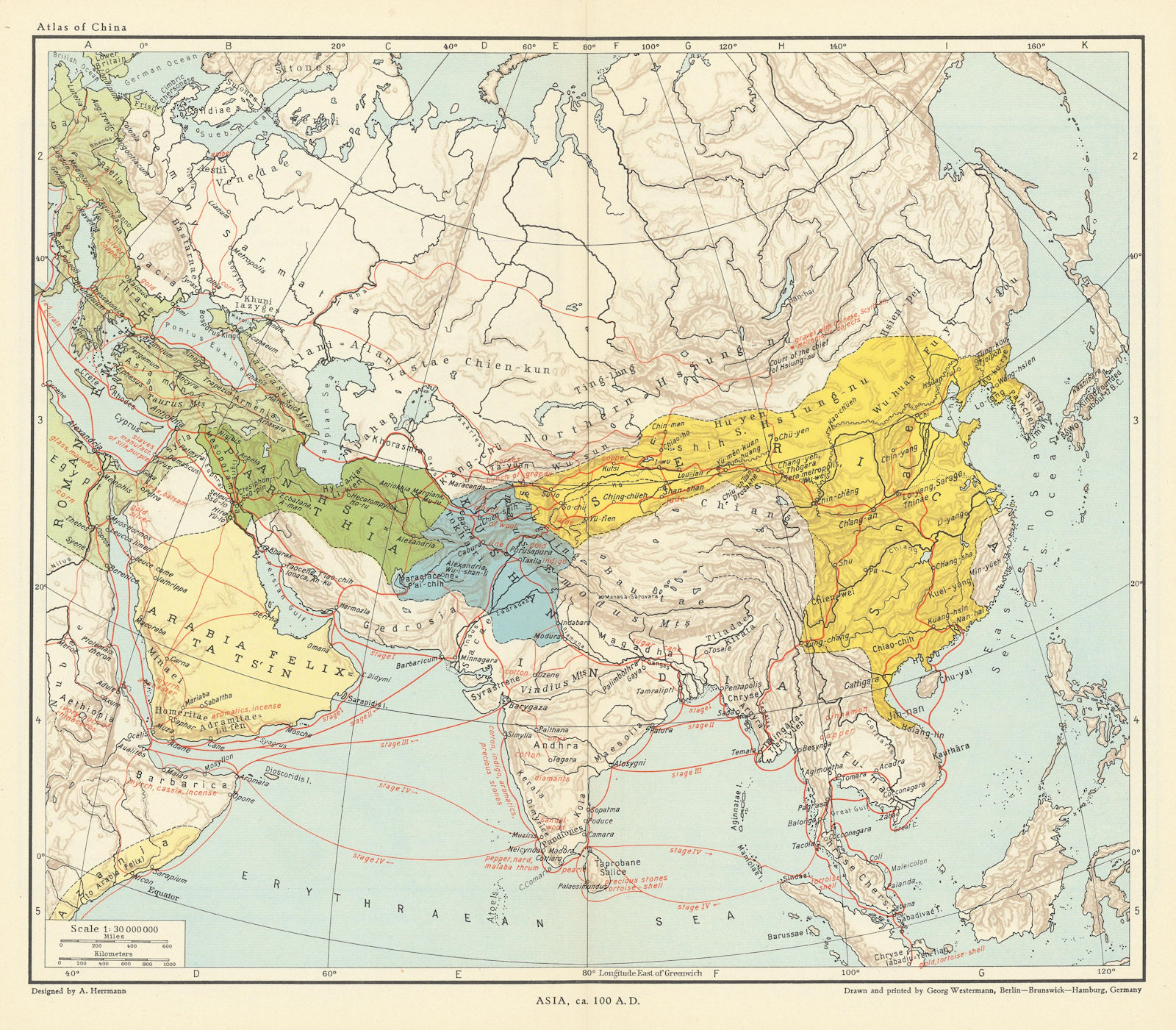 Asia c.100 AD. Serica Kushan Arabia Felix Parthia Anhsi Ta Ts-in 1935 old map