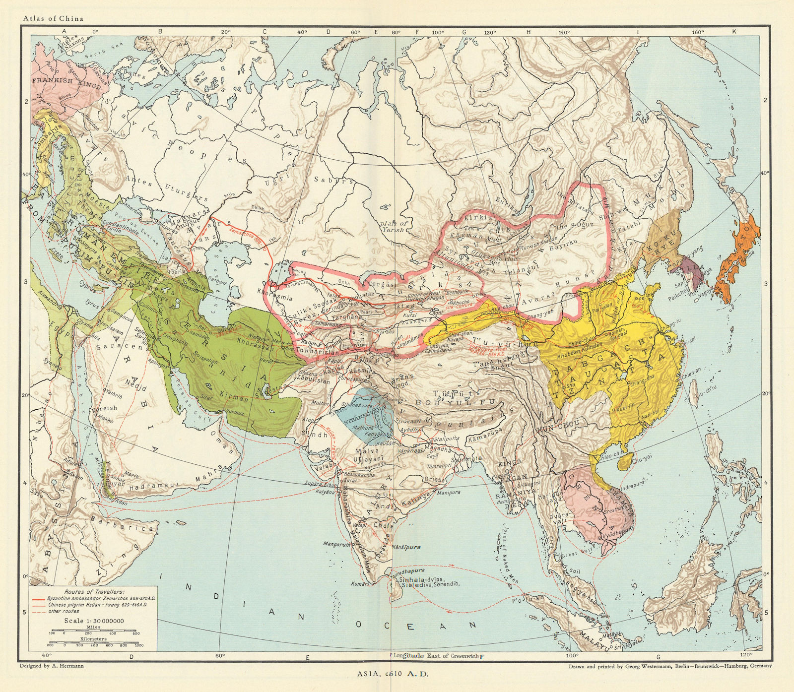 Associate Product Asia 610 AD Persia Chenla Tzinitza Silla Yamato. Zemarchos Hsuan-tsang 1935 map