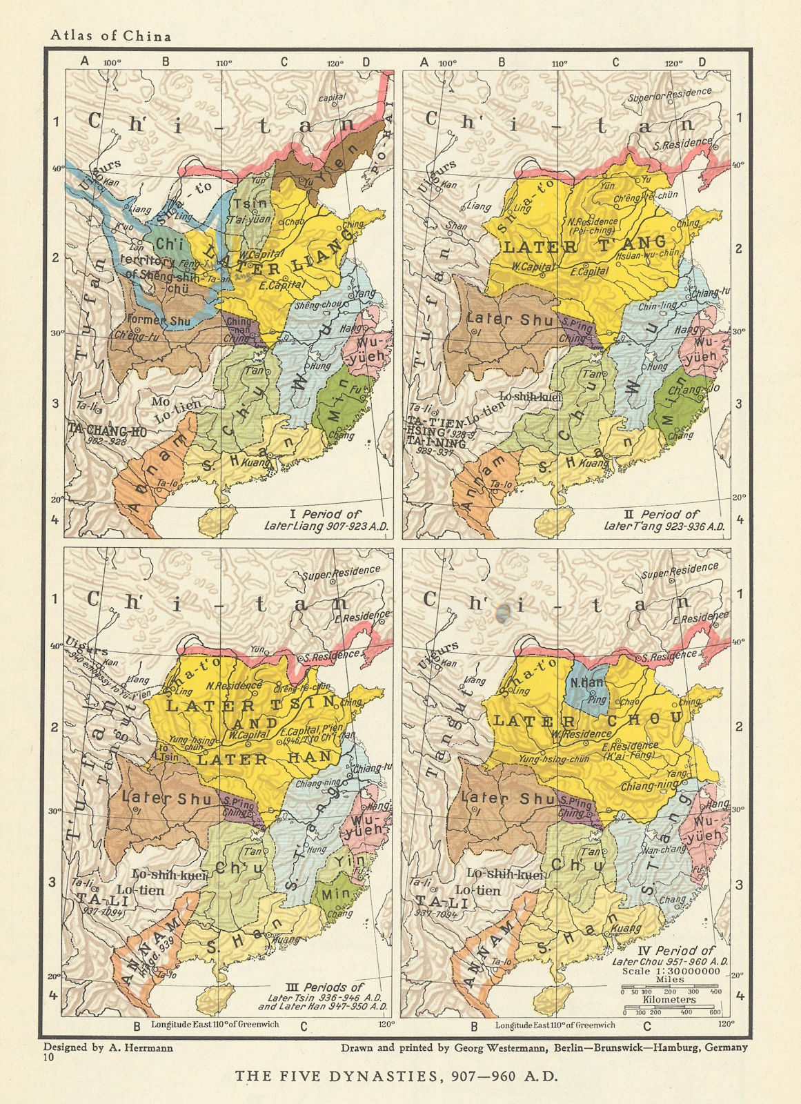 Associate Product China. Five Dynasties 907-960 AD. Tsin Han Tang Chou Liang Shu Chu Wu 1935 map