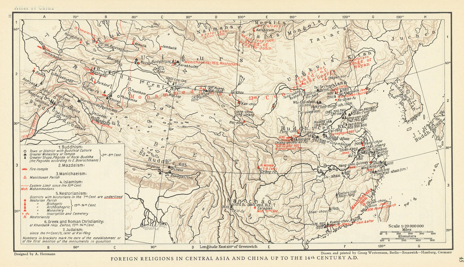 Associate Product Central Asia & China religions <14C Buddhism Islam Mazdeism Manichaeism 1935 map