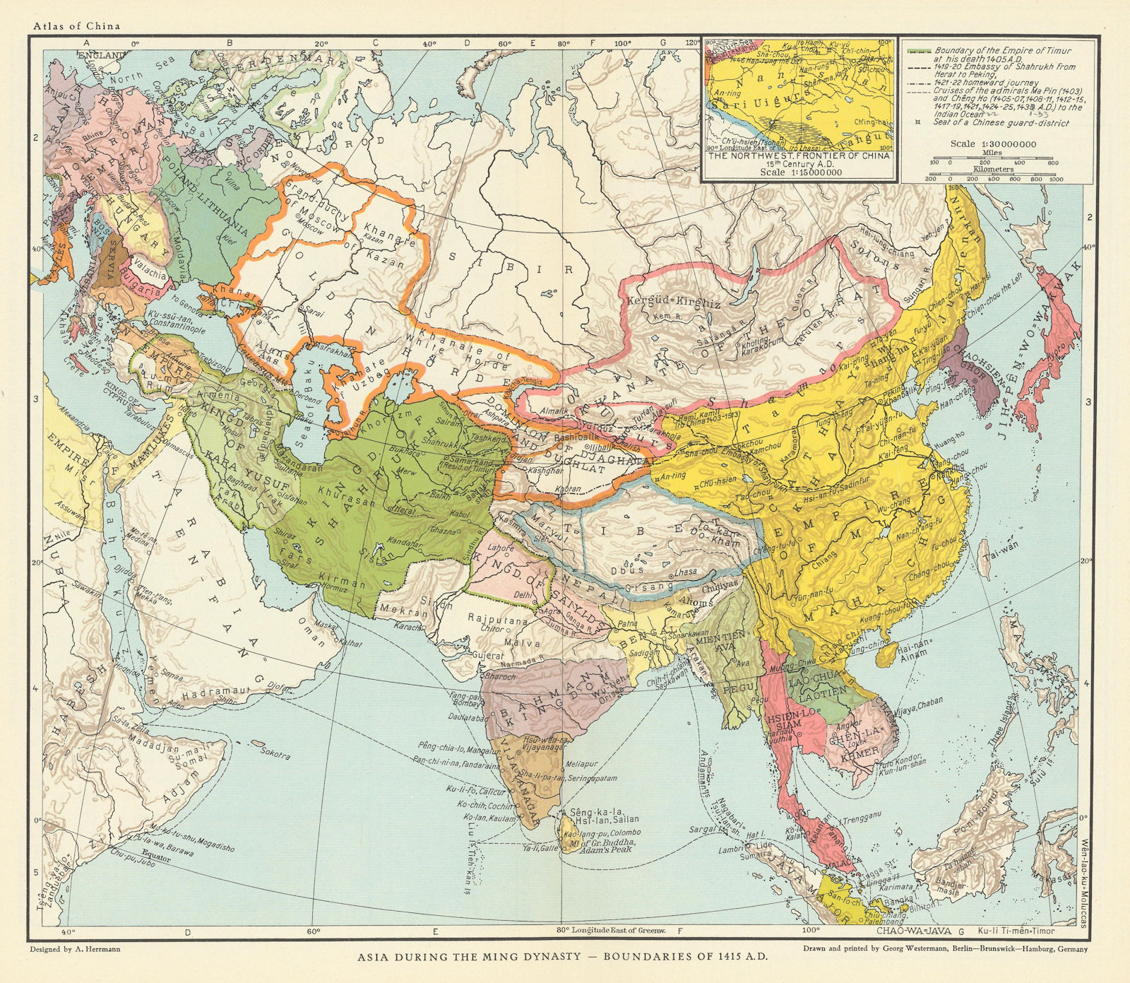 Asia during the Ming Dynasty 1415 AD. China Tibet Shahrukh Oirat 1935 old map