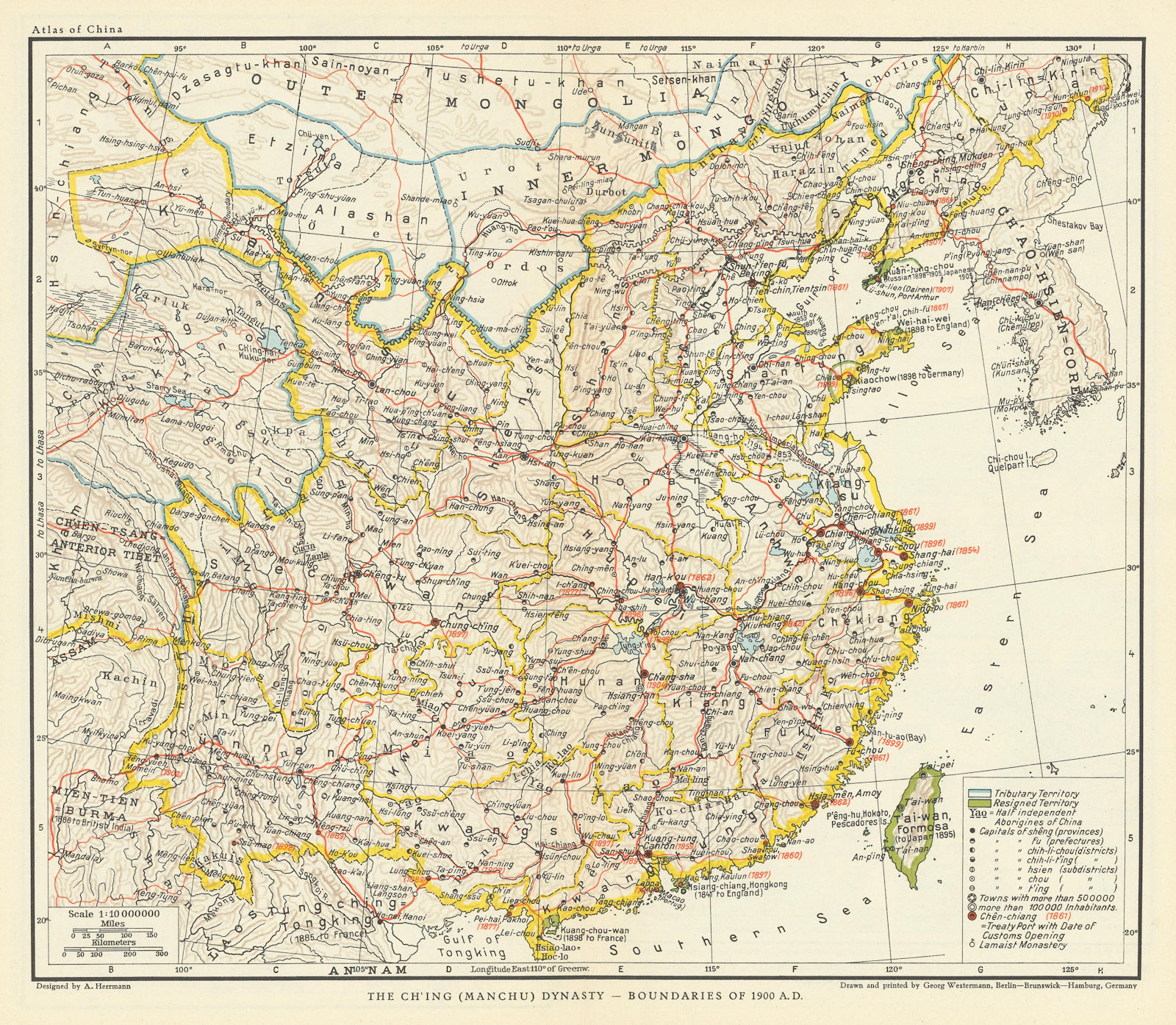 China. Qing (Manchu) Dynasty 1900 AD borders. Treaty Ports 1935 old map