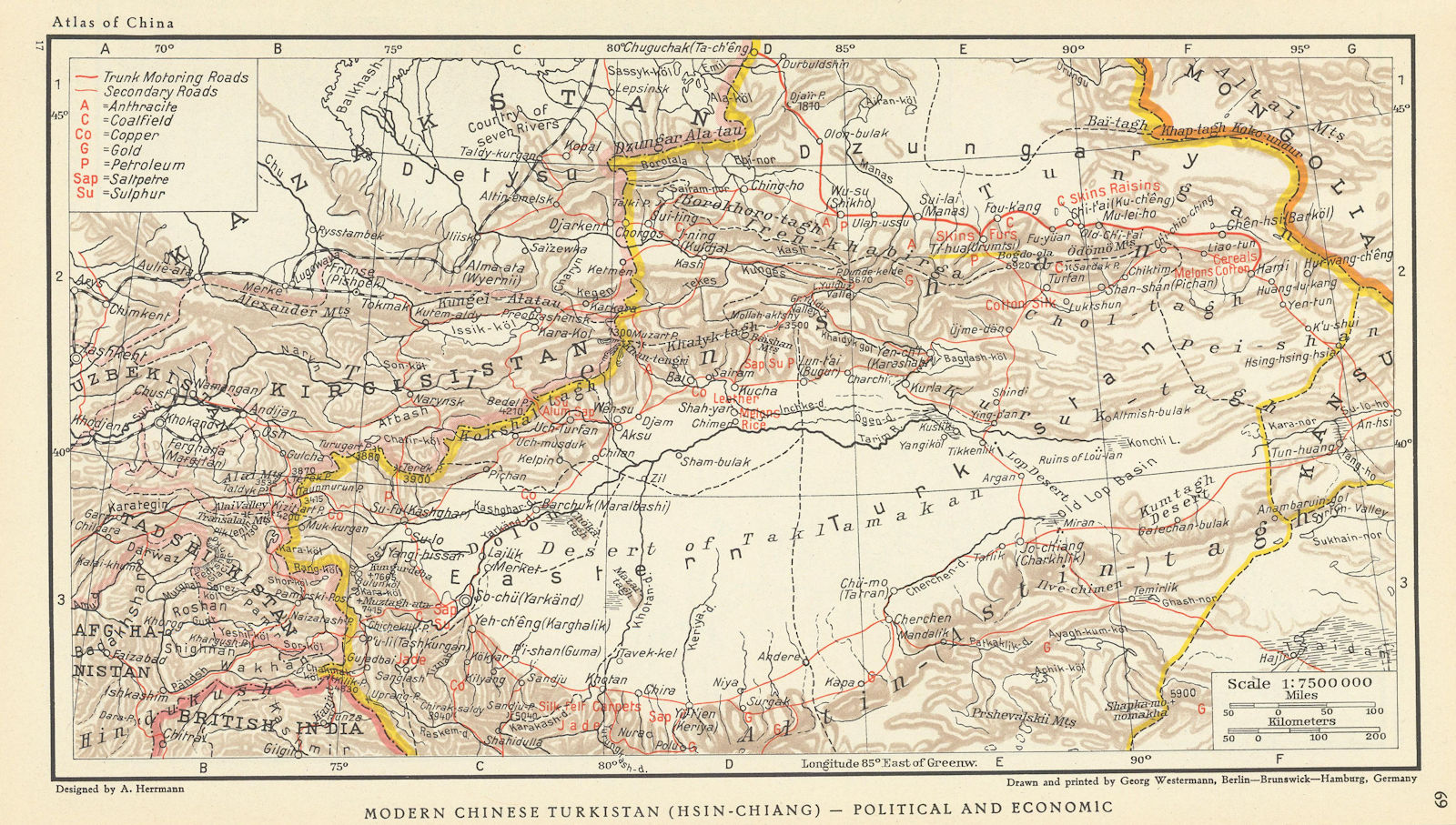 Chinese Turkistan. Xinjiang & Kyrgyzstan. Political & Economic 1935 old map