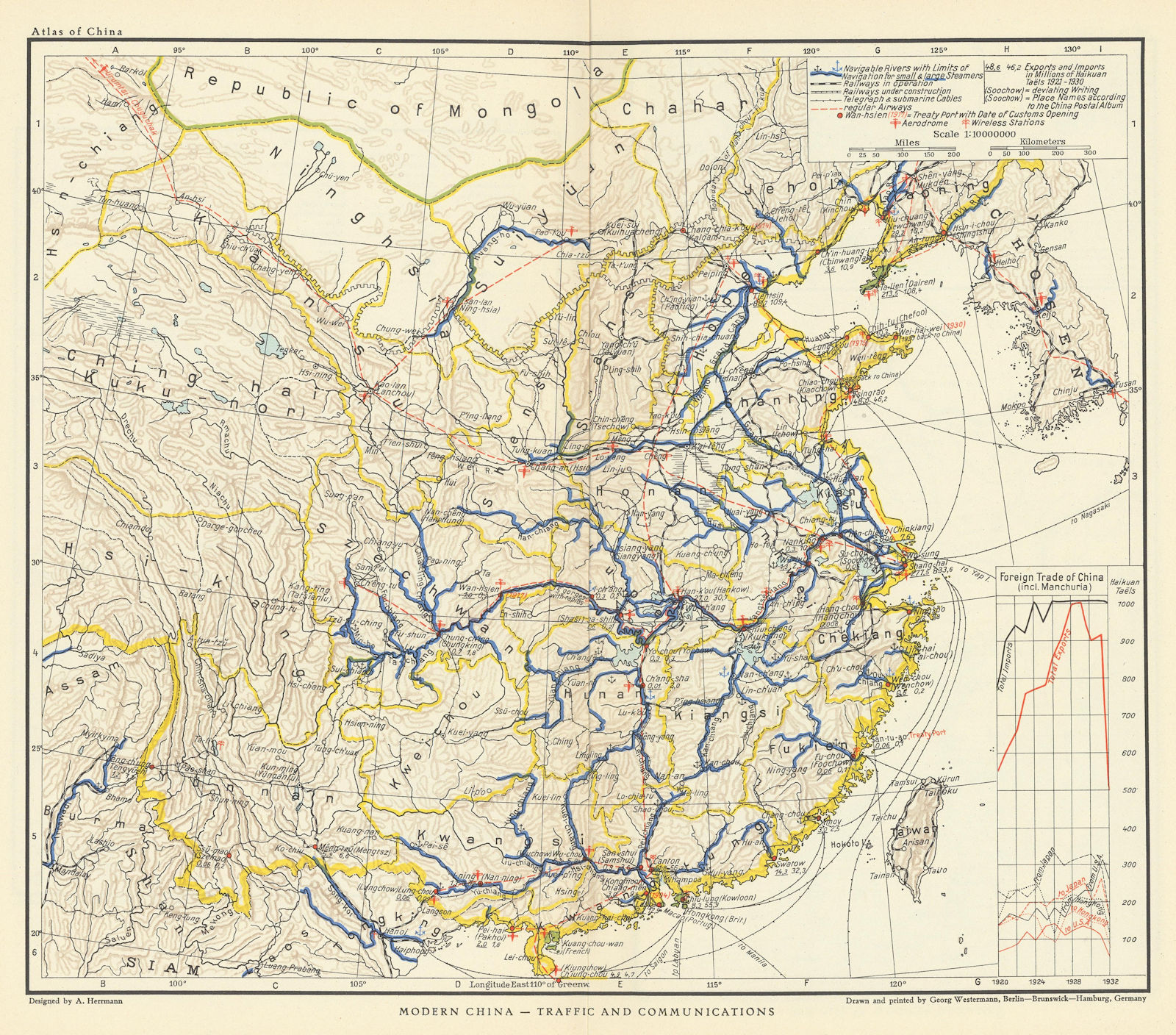 Associate Product Modern China Traffic & Communications. Navigable rivers. Aerodromes 1935 map