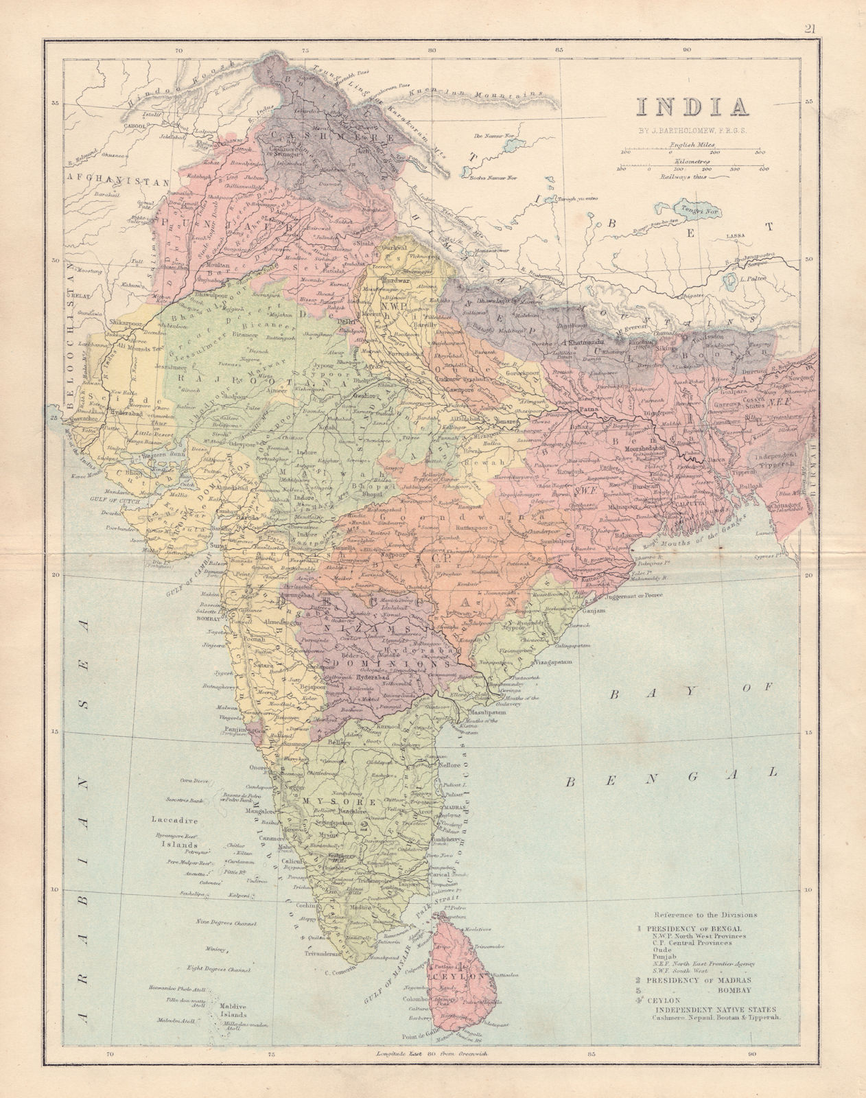 BRITISH INDIA. Showing states, French & Portuguese settlements. COLLINS 1873 map