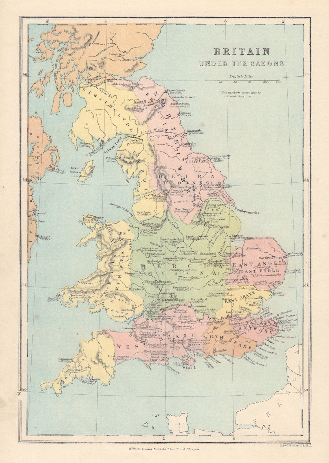 SAXON BRITAIN showing provinces/counties & Saxon town names. COLLINS 1873 map