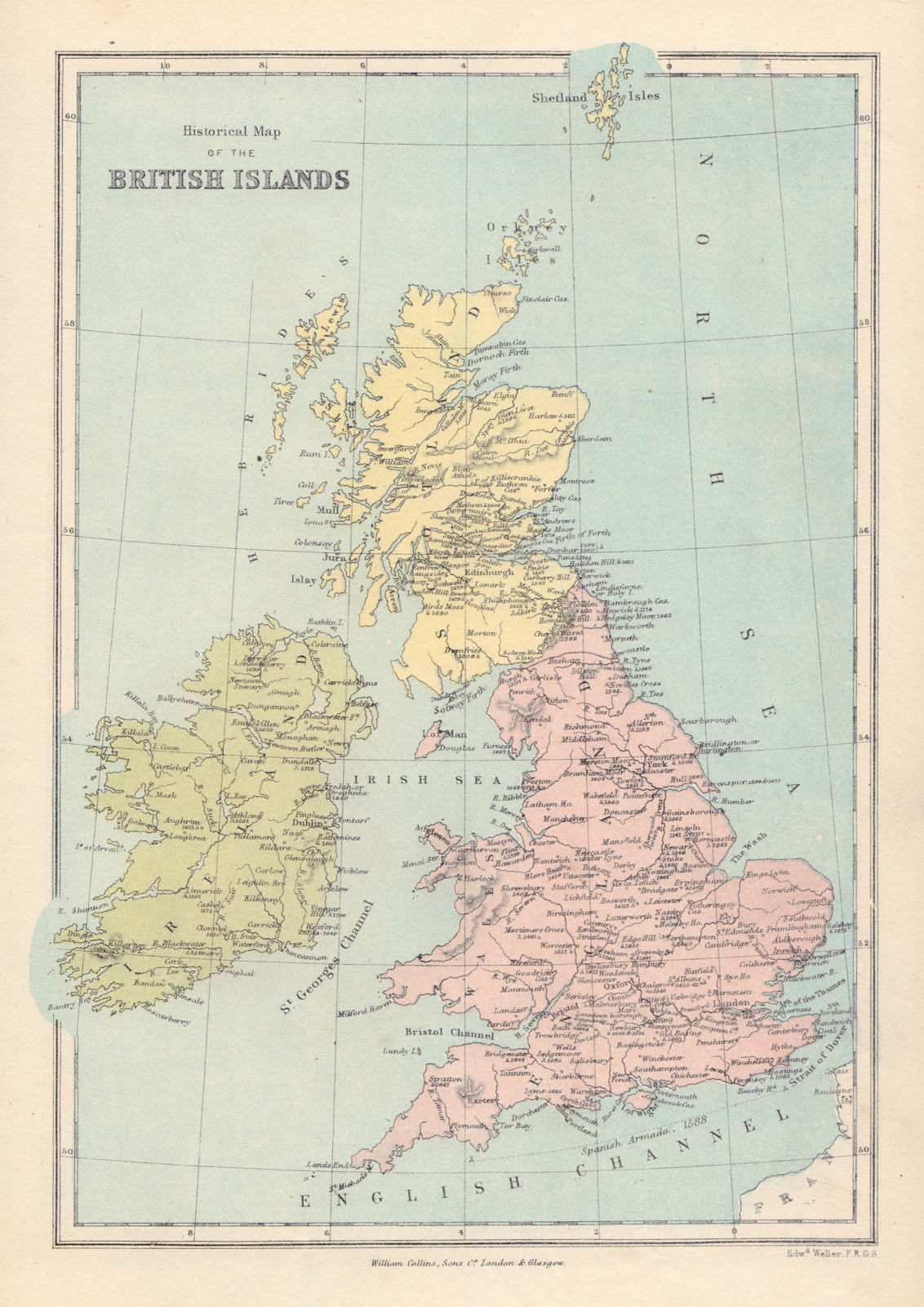 BRITISH ISLES HISTORICAL. Locations & dates of key battles. COLLINS 1873 map