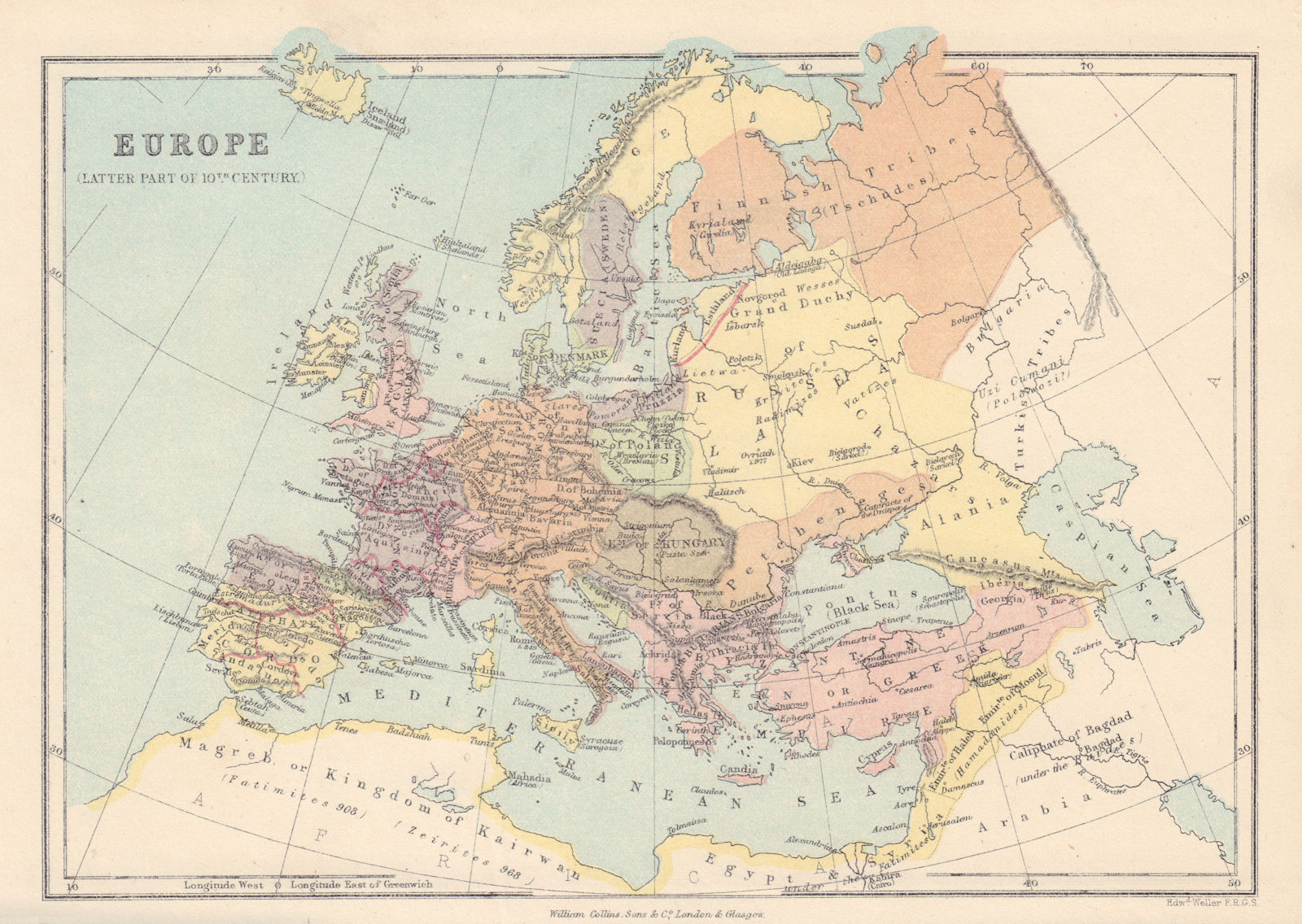 10TH CENTURY EUROPE. Holy Roman Empire Caliphate of Cordoba. COLLINS 1873 map