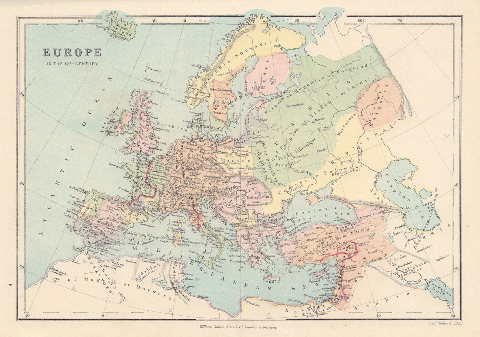 12TH CENTURY EUROPE Divided Ireland Holy Roman Empire Almovarides 1873 old map