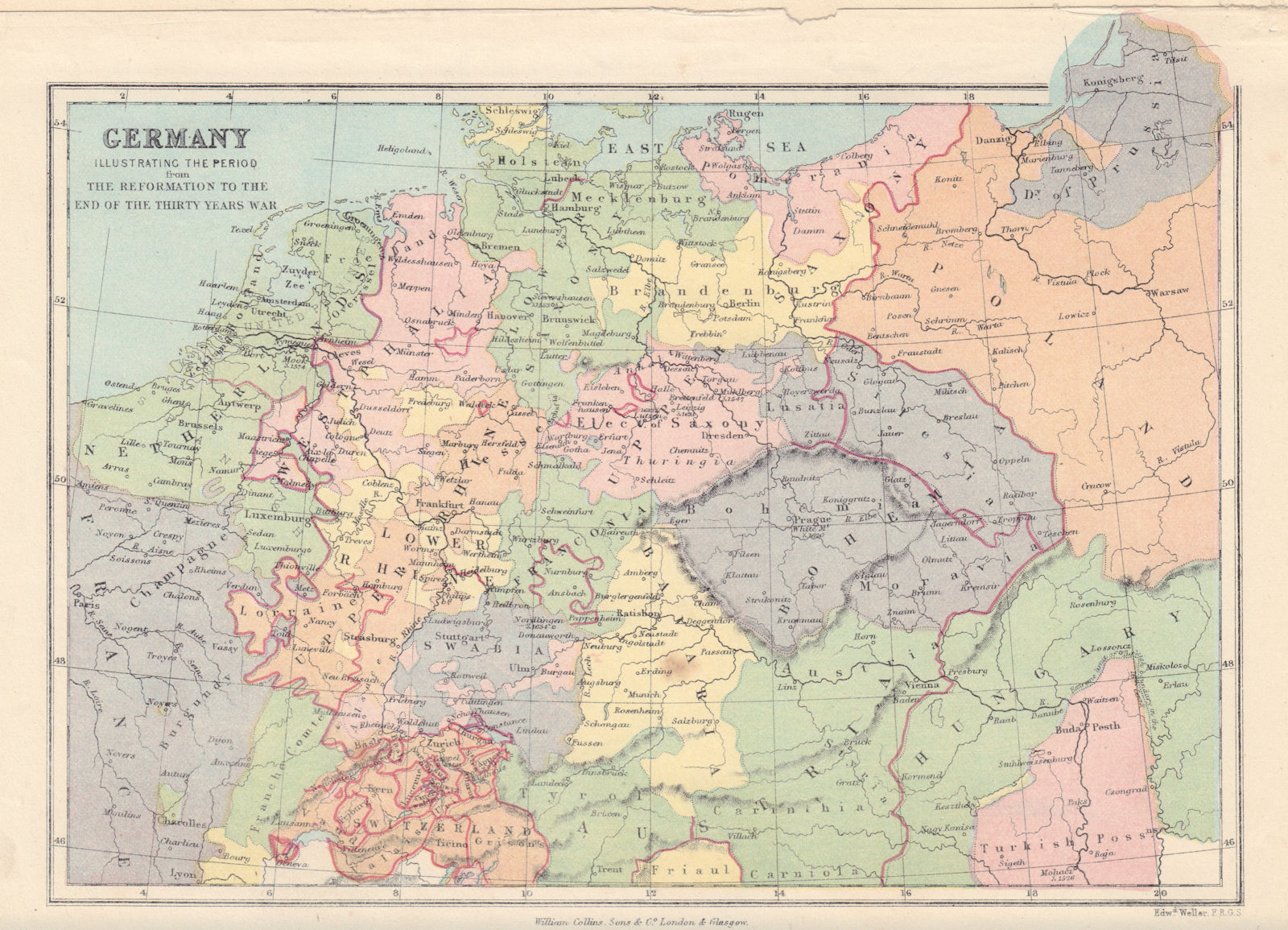 Associate Product GERMANY from the Reformation to the end of the 30 years war. COLLINS 1873 map