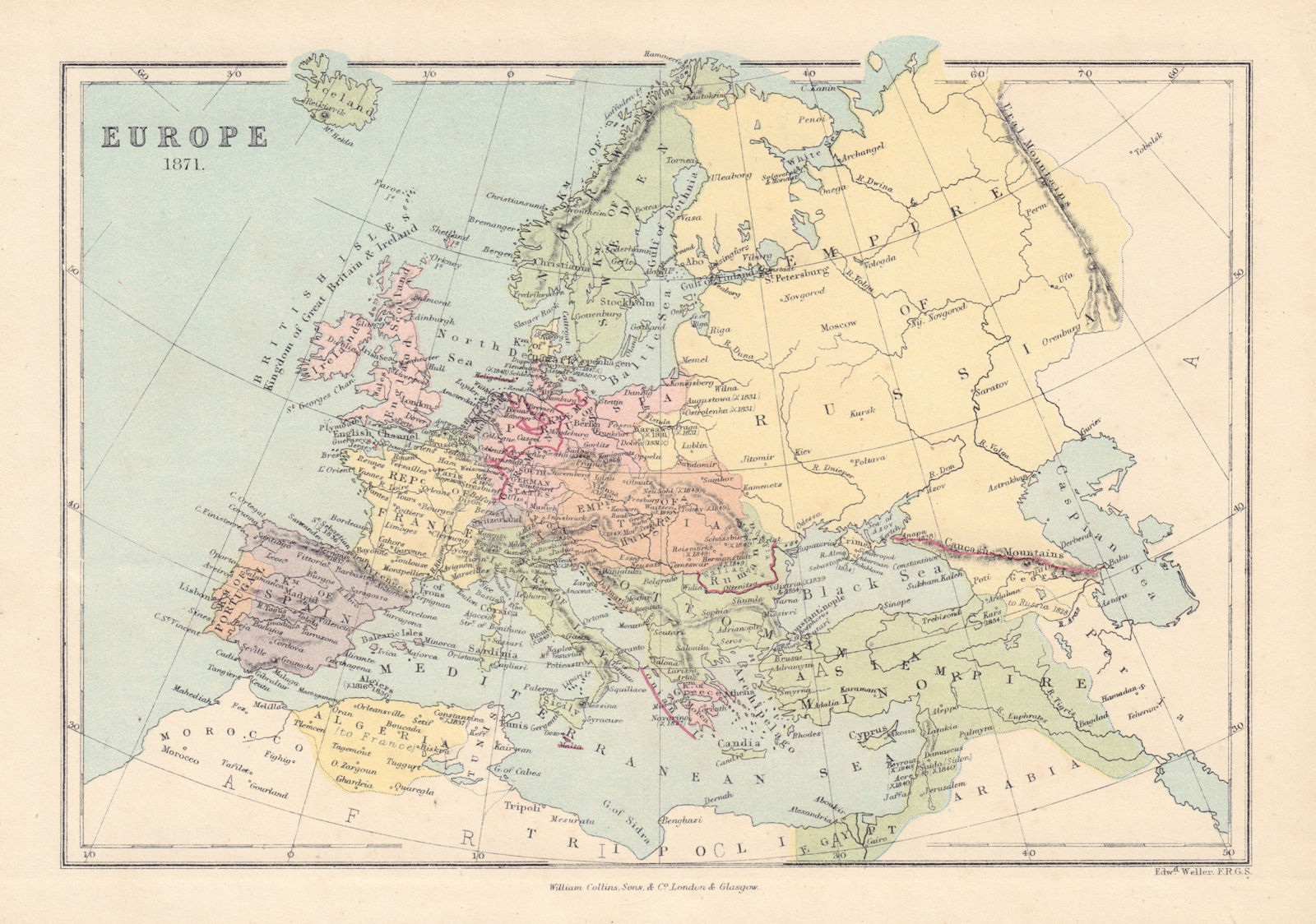 Associate Product EUROPE in 1871 showing selected key 19C battles & dates. COLLINS 1873 old map