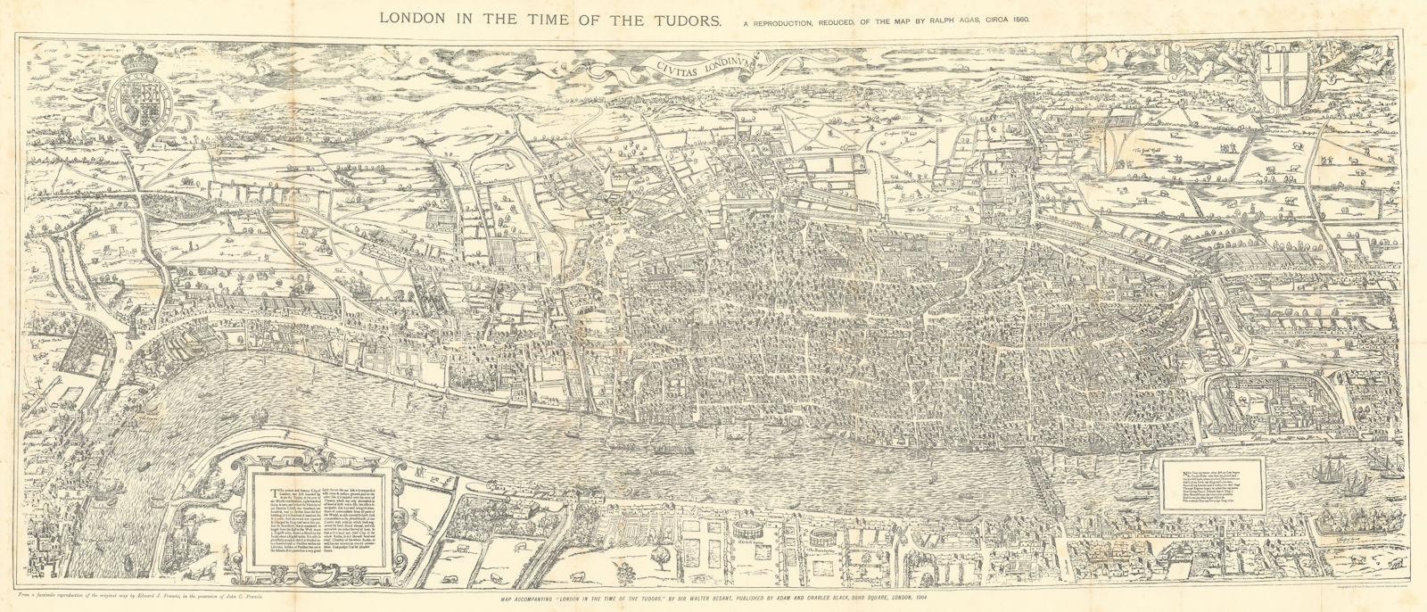 Associate Product London in the time of the Tudors, circa 1560, after Ralph Agas. 41x96cm 1908 map
