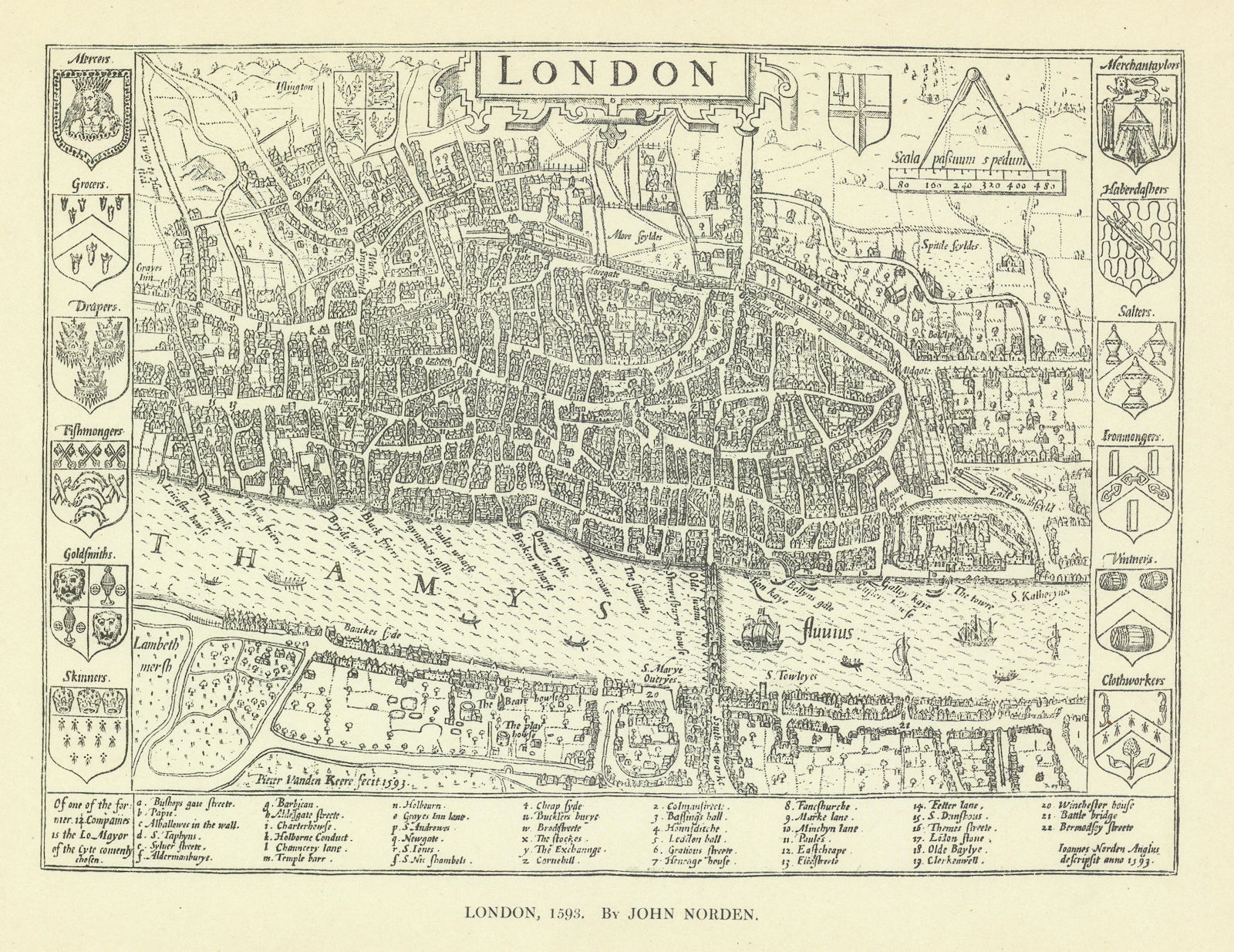 City of London in 1593 after John Norden. Southwark 1908 old antique map chart