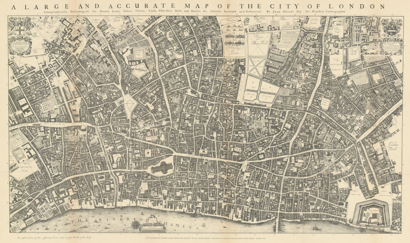 The City of London circa 1676, after John Ogilby. 55x92cm 1908 old antique map