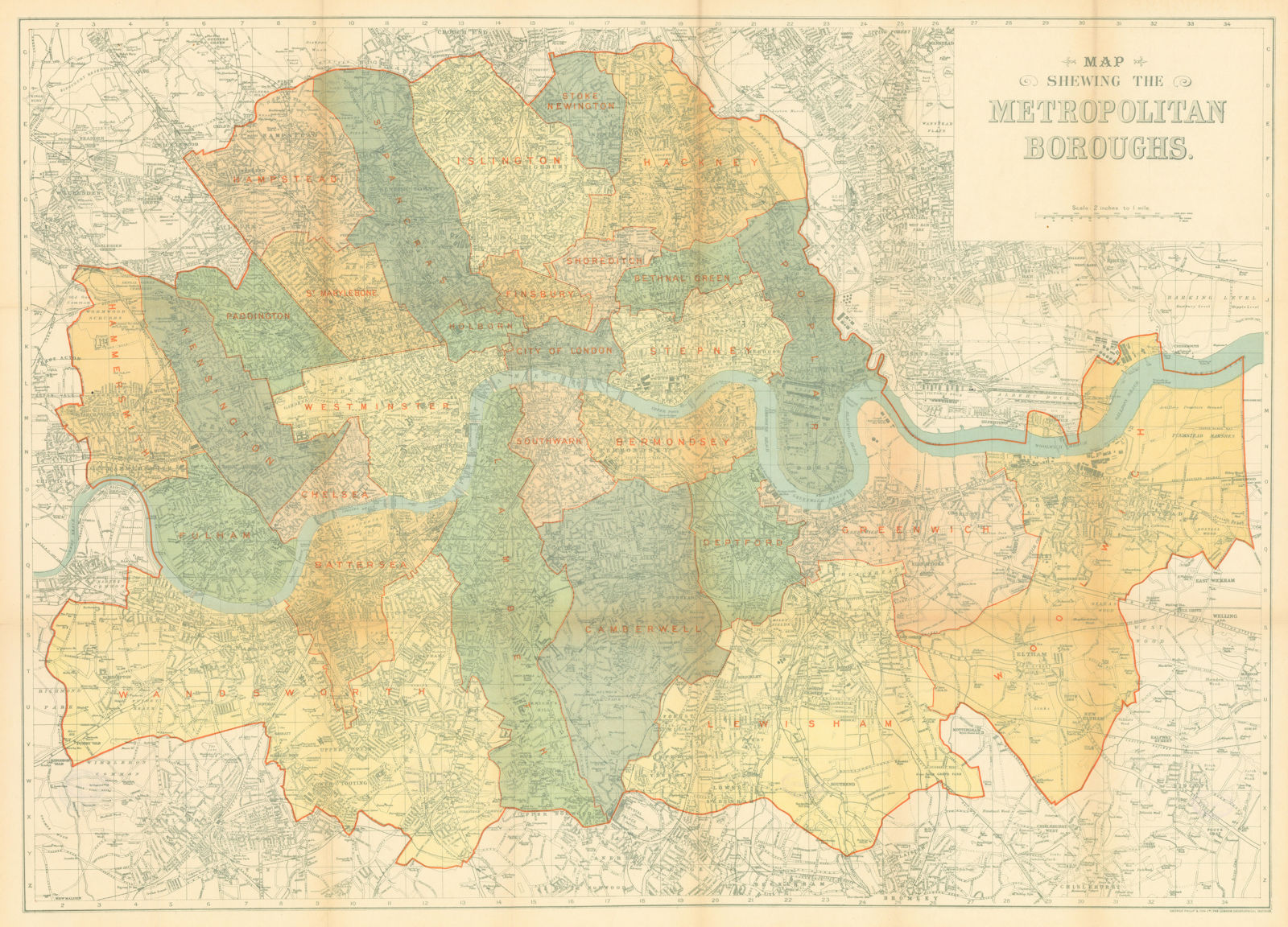 Map shewing the Metropolitan Boroughs. London. 66x92cm. PHILIP 1904 old