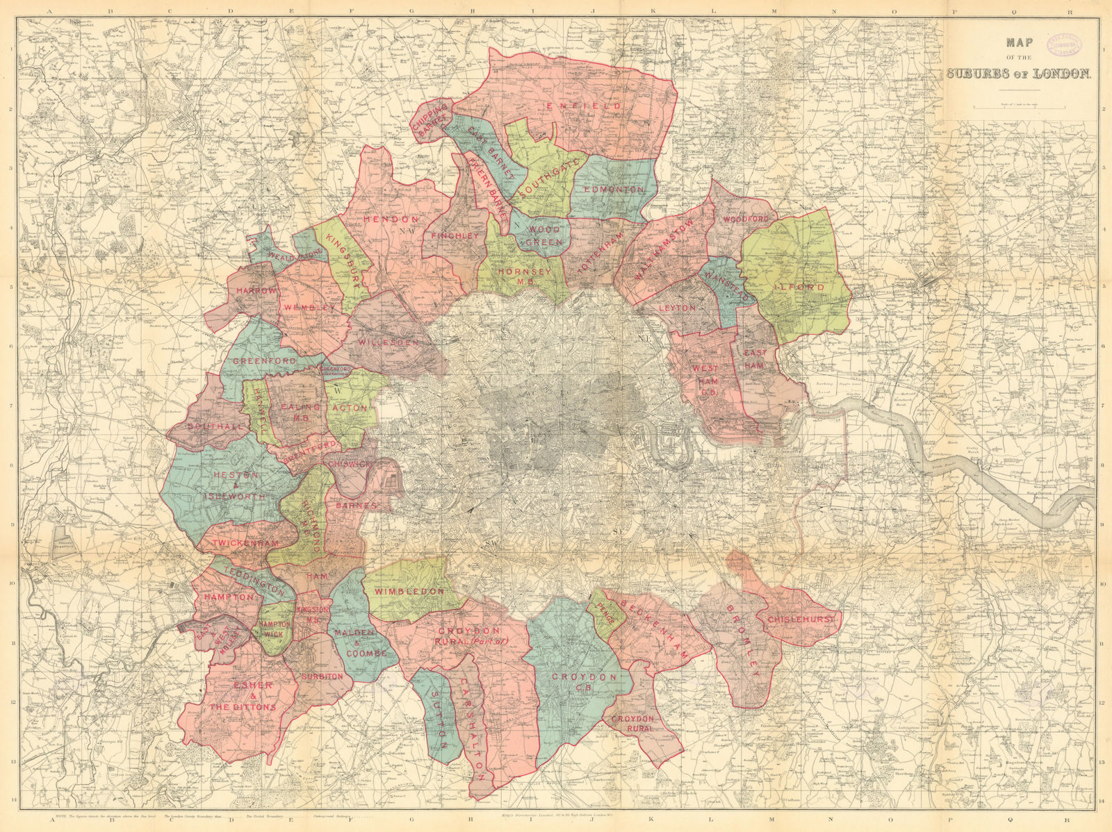 Map of the Suburbs of London. 56x74cm. Kelly's Directories 1904 old