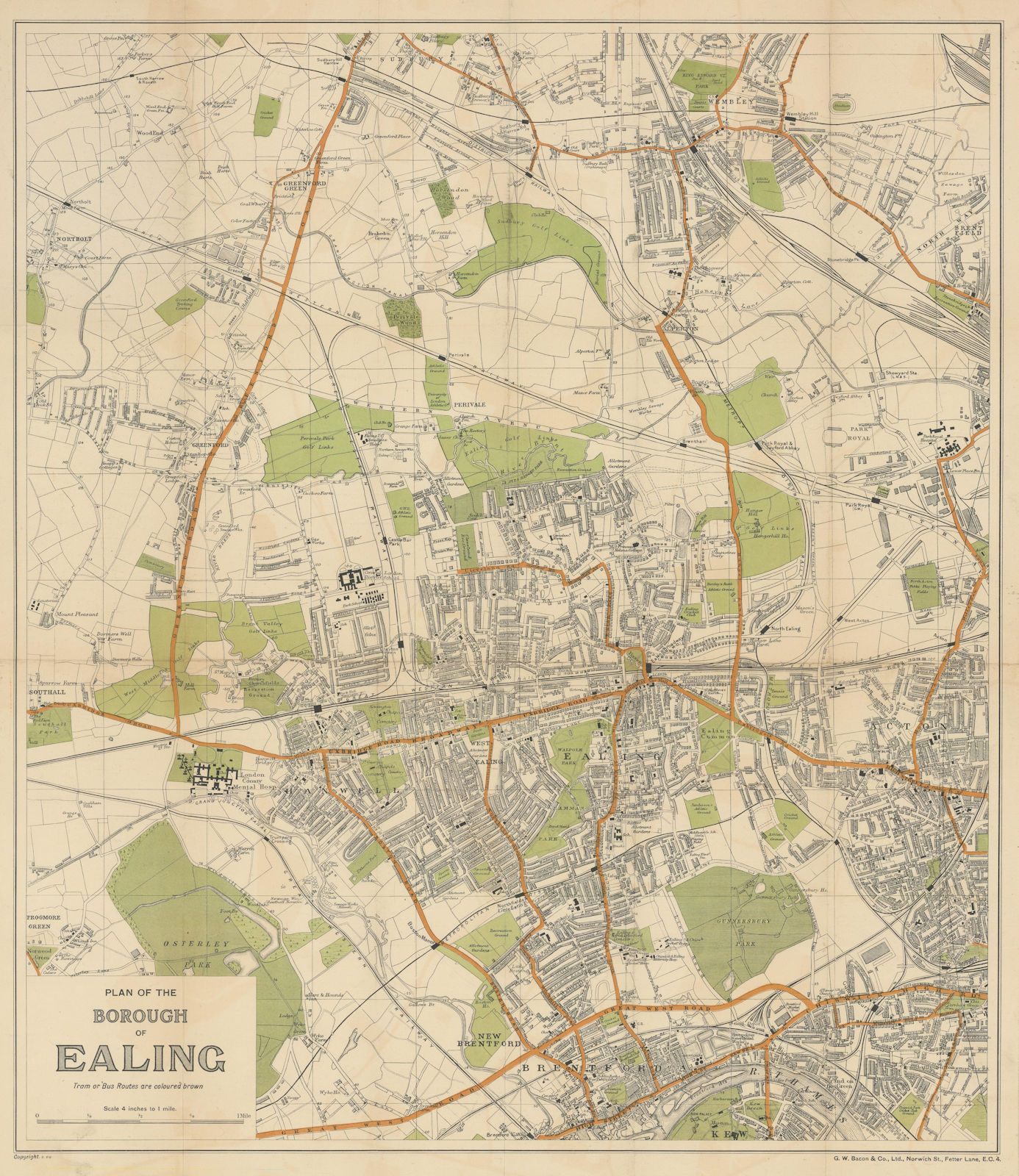 Bacon's Large Scale Plan of Ealing. Acton Brentford Hanwell 57x50cm c1930 map