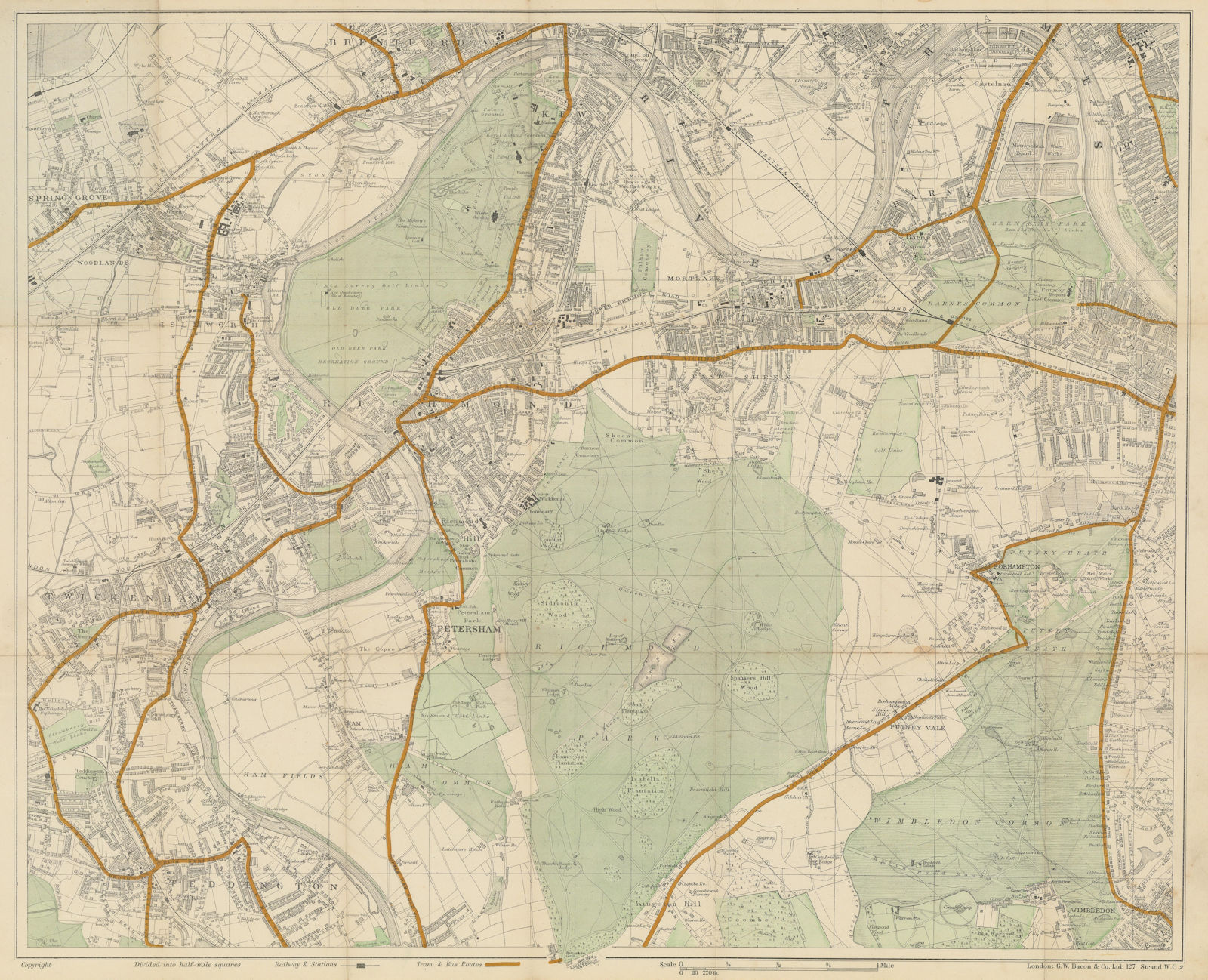 Associate Product Bacon's Large Scale Plan of Richmond. Mortlake Twickenham Kew 50x62cm c1913 map