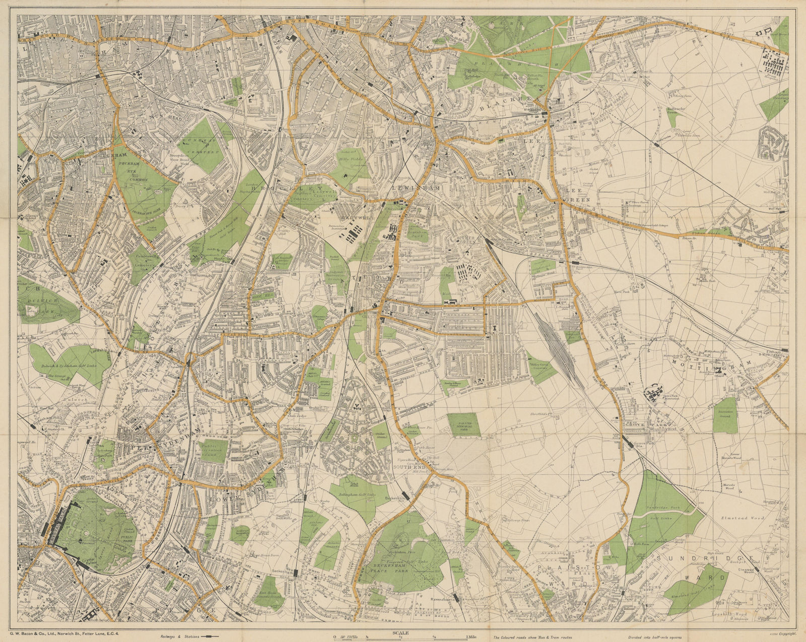 Bacon's Large Scale Plan of Lewisham. Blackheath Sydenham 49x61cm c1925 map
