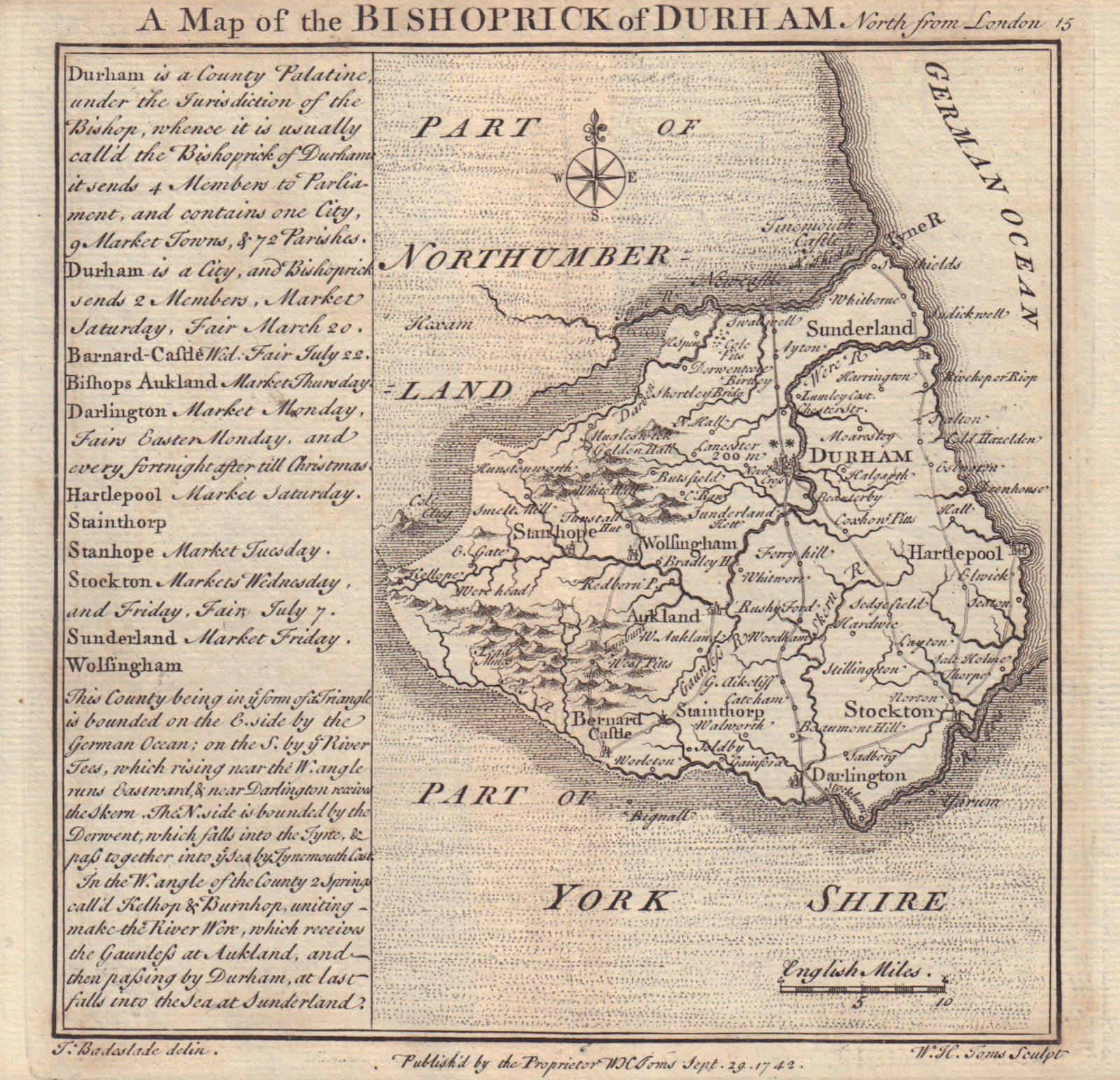 Antique county map of the Bishoprick of Durham by Badeslade & Toms 1742