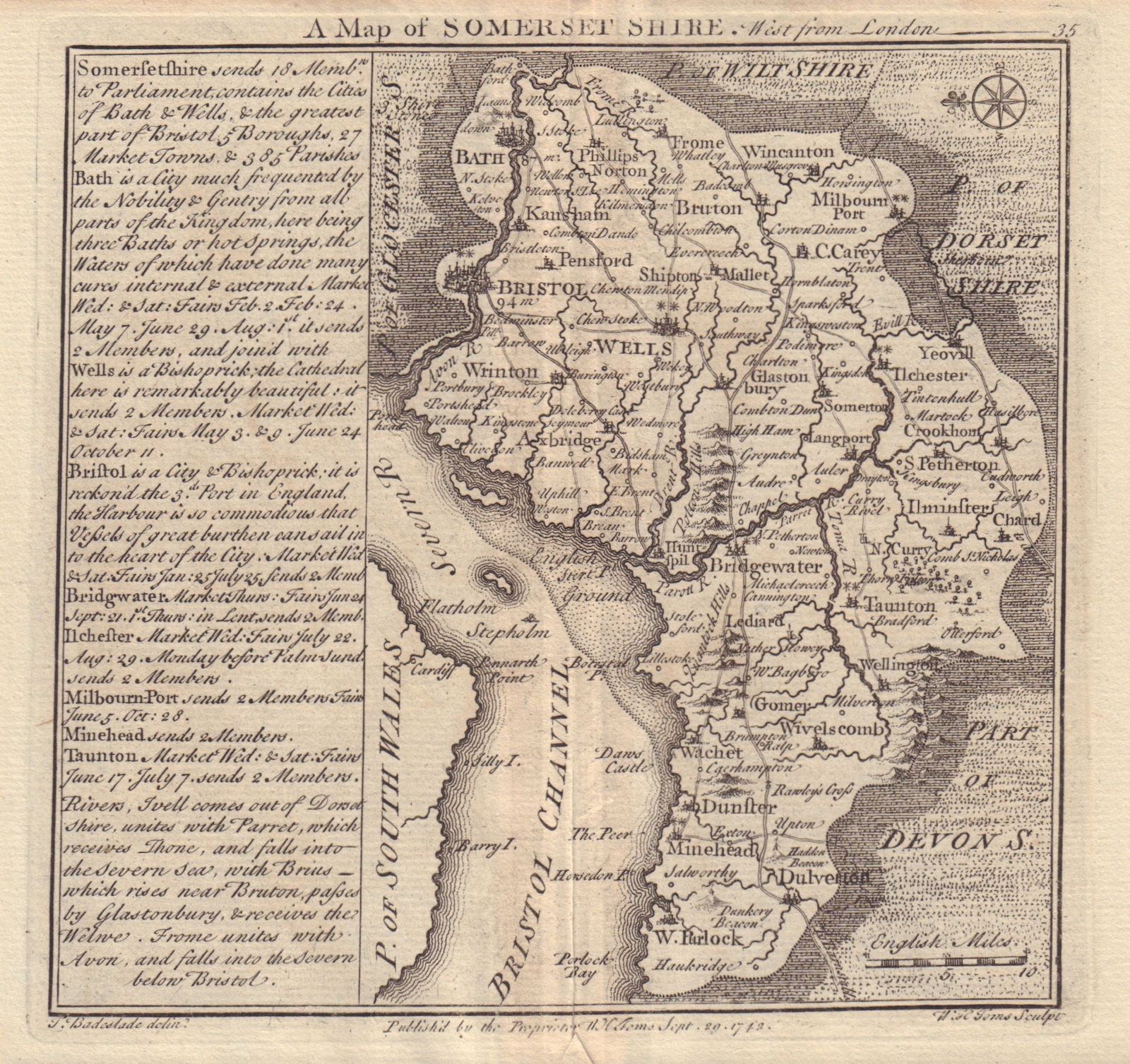 Associate Product Antique county map of Somersetshire by Badeslade & Toms. East orientation 1742