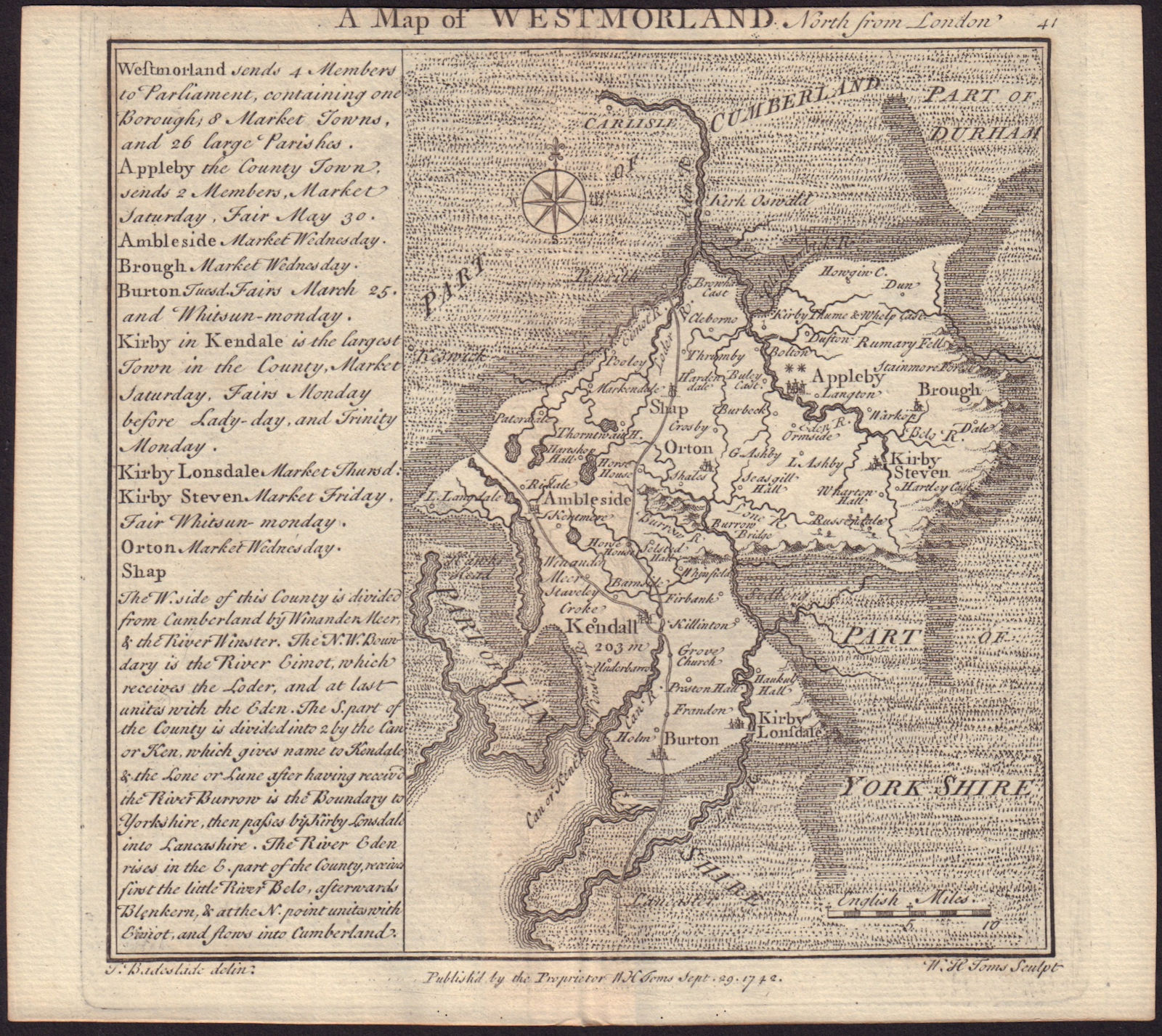 Associate Product Antique county map of Westmorland by Badeslade & Toms. Westmoreland Cumbria 1742