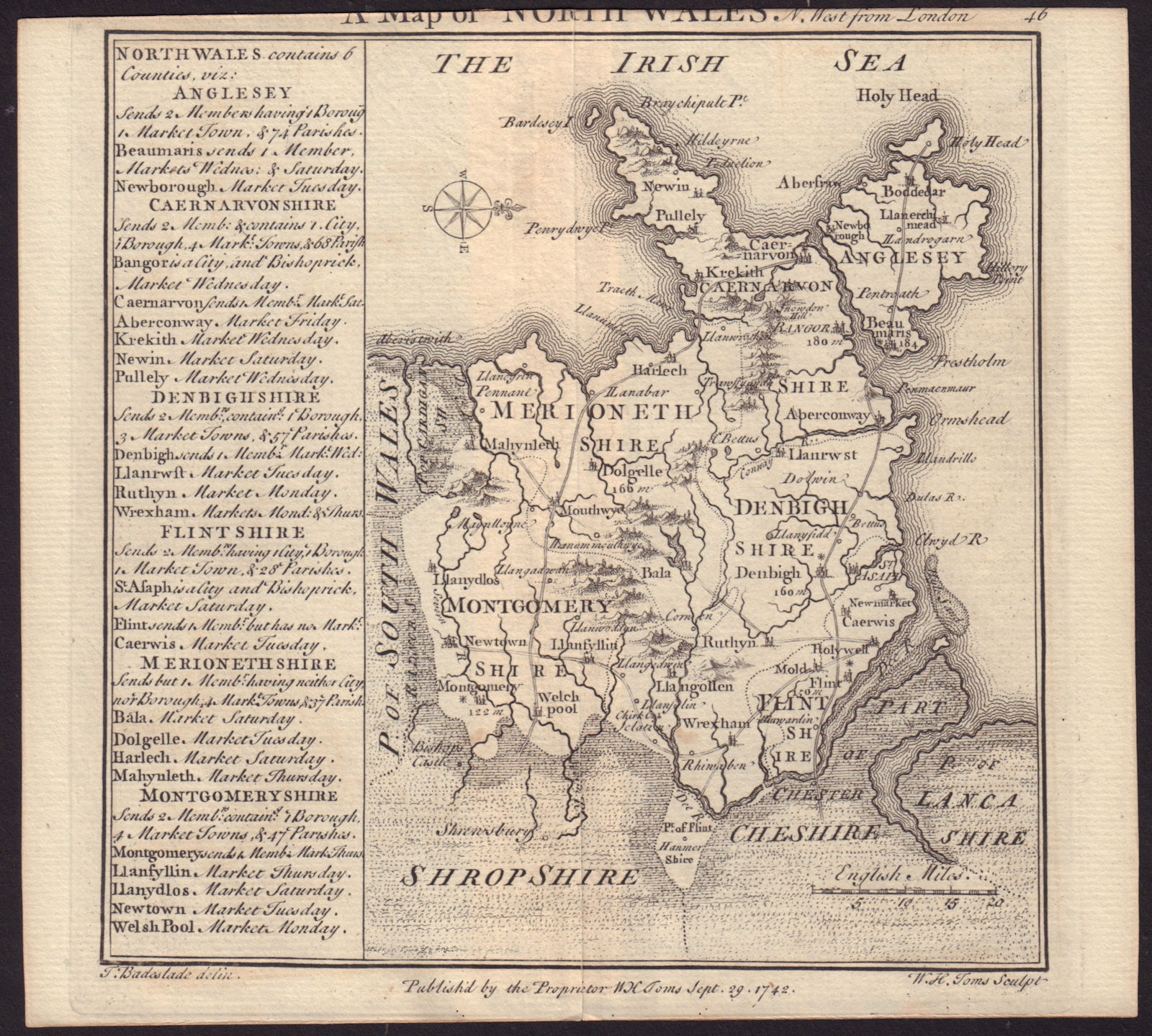 Antique county map of North Wales by Badeslade & Toms. West orientation 1742