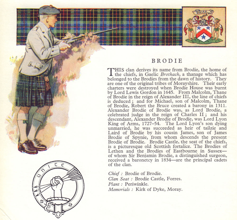 Brodie. Scotland Scottish clans tartans arms badge 1963 old vintage print