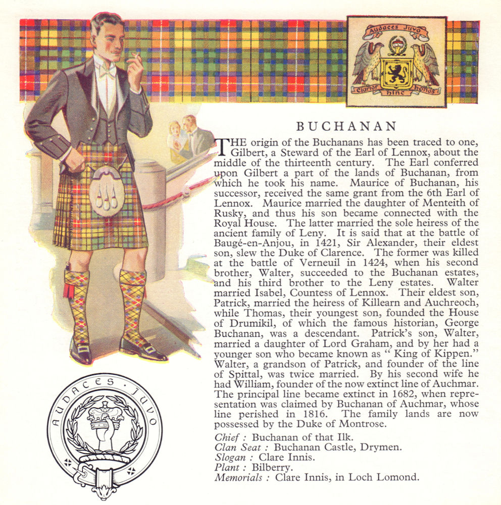 Buchanan. Scotland Scottish clans tartans arms badge 1963 old vintage print
