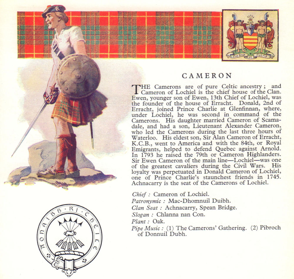 Cameron. Scotland Scottish clans tartans arms badge 1963 old vintage print