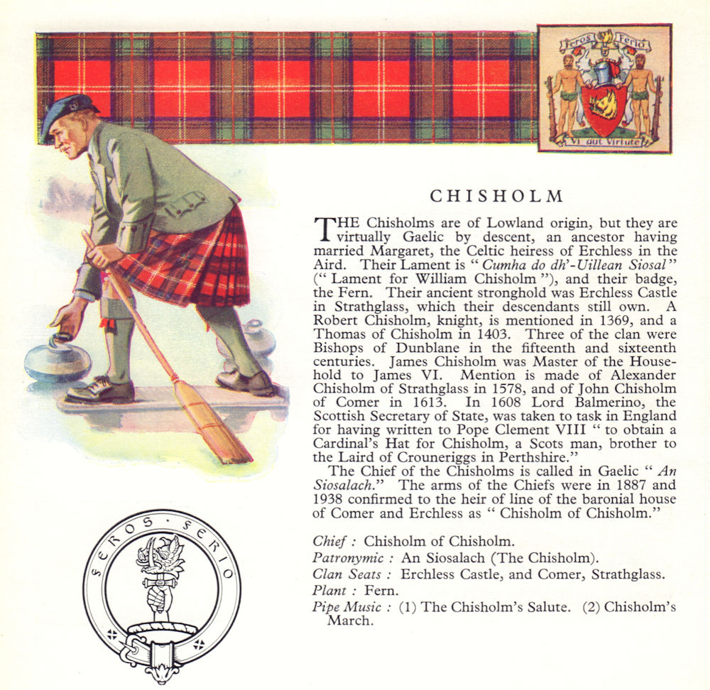 Chisholm. Scotland Scottish clans tartans arms badge 1963 old vintage print