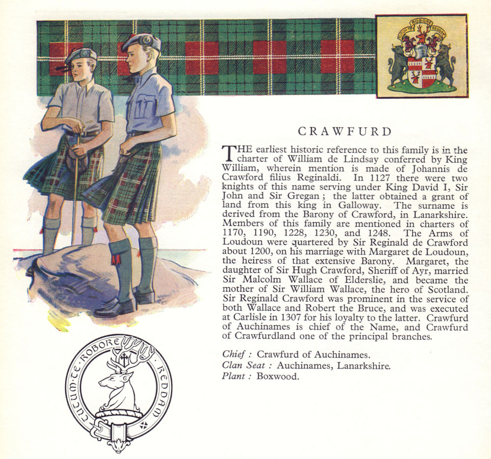 Crawfurd. Scotland Scottish clans tartans arms badge 1963 old vintage print