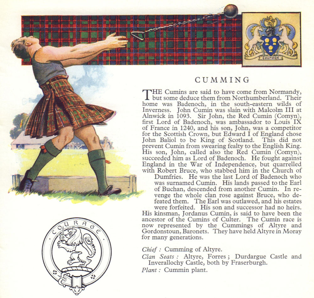 Cumming. Scotland Scottish clans tartans arms badge 1963 old vintage print