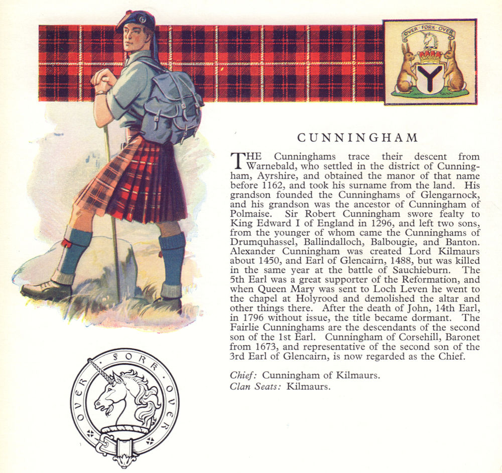 Cunningham. Scotland Scottish clans tartans arms badge 1963 old vintage print