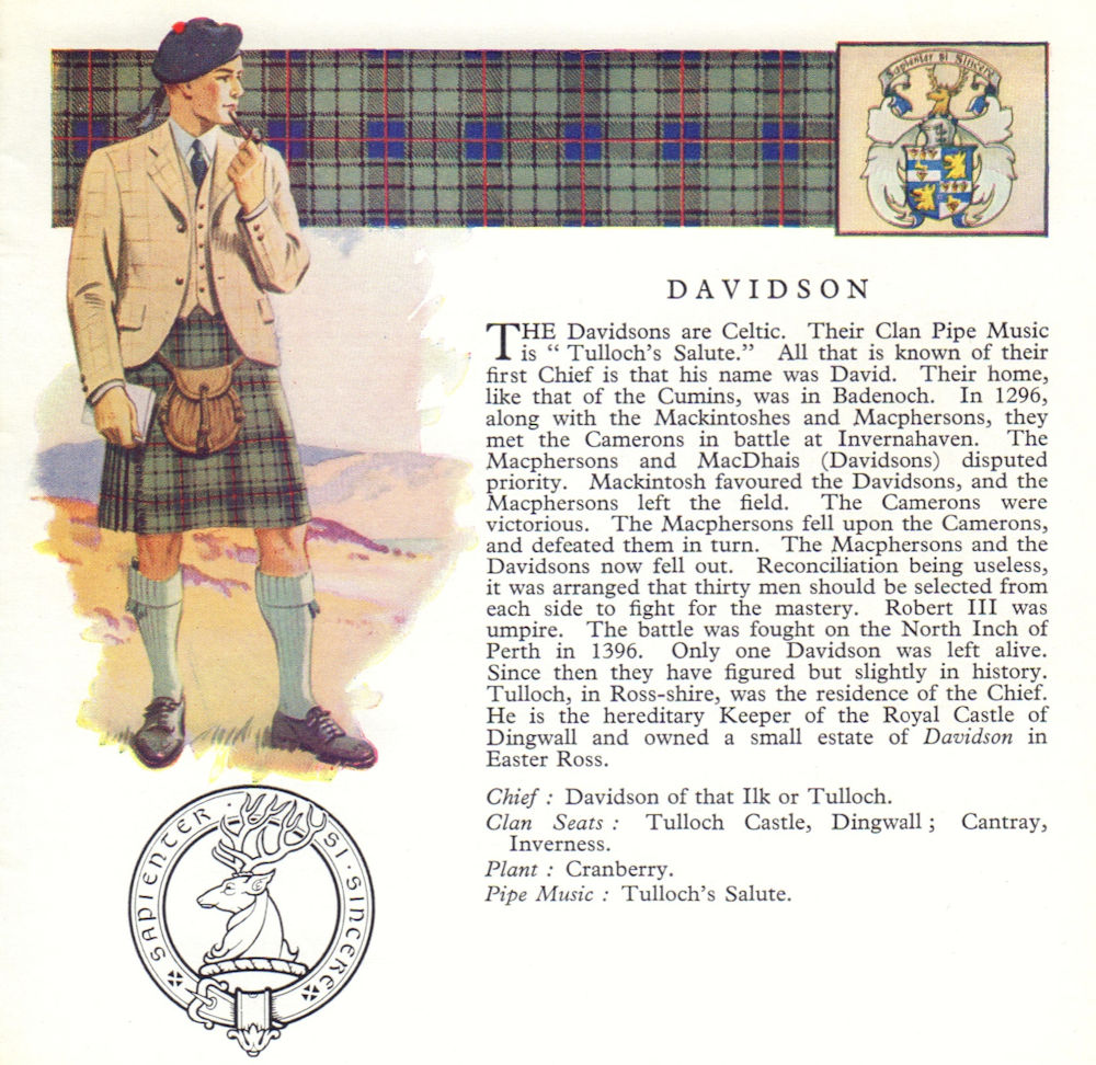 Associate Product Davidson. Scotland Scottish clans tartans arms badge 1963 old vintage print