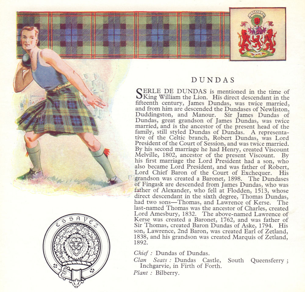 Associate Product Dundas. Scotland Scottish clans tartans arms badge 1963 old vintage print