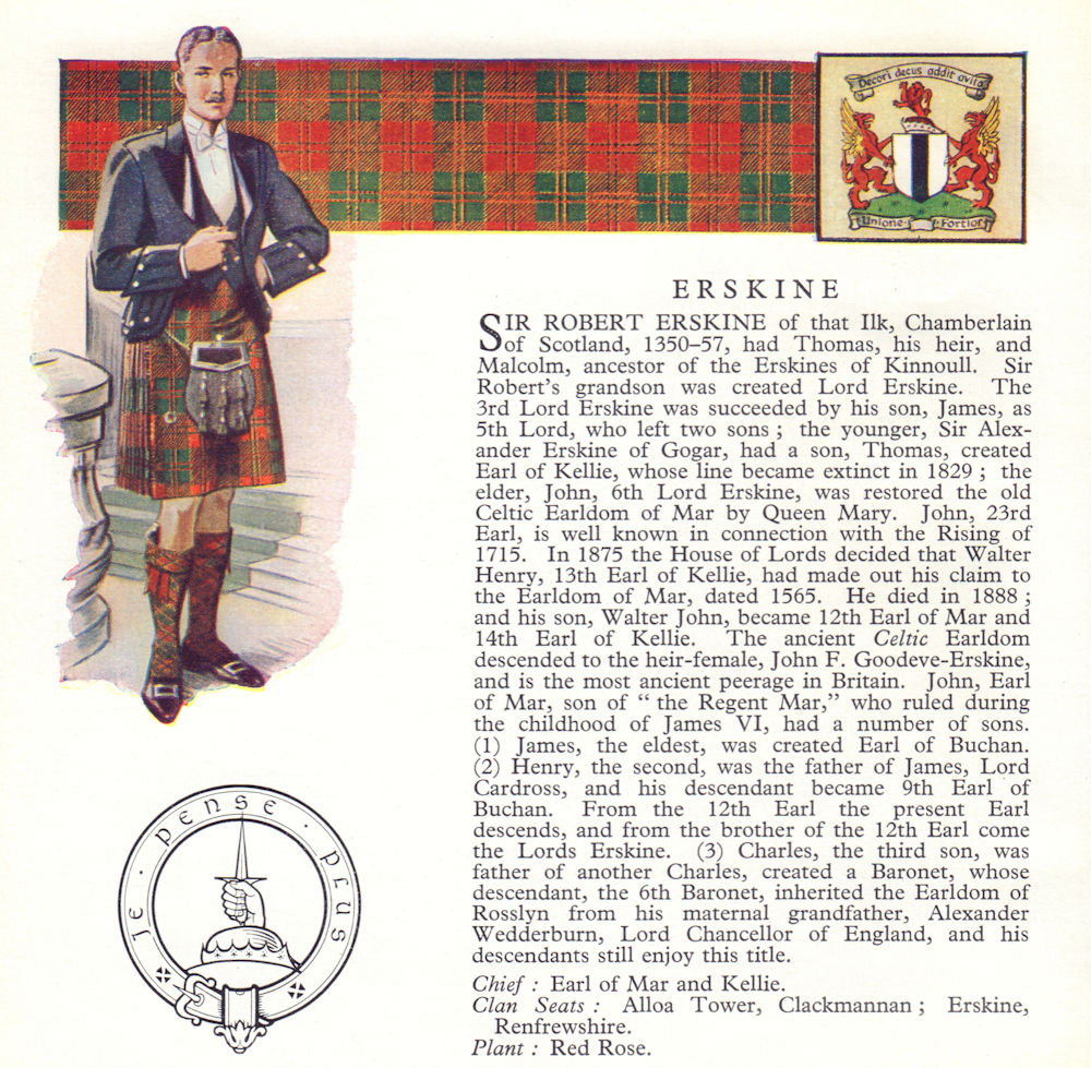 Erskine. Scotland Scottish clans tartans arms badge 1963 old vintage print