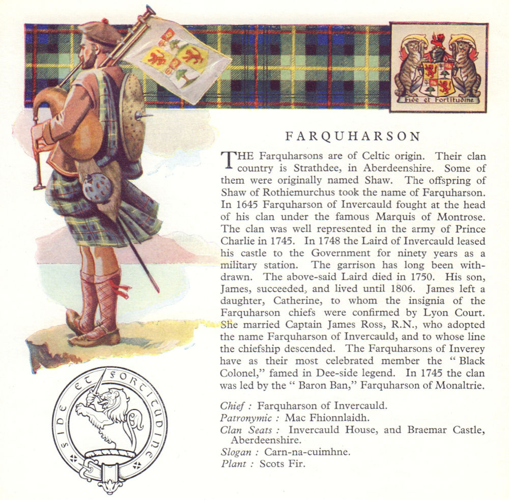 Farquharson. Scotland Scottish clans tartans arms badge 1963 old vintage print