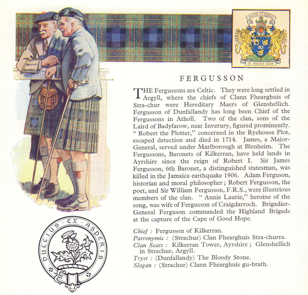 Fergusson. Scotland Scottish clans tartans arms badge 1963 old vintage print
