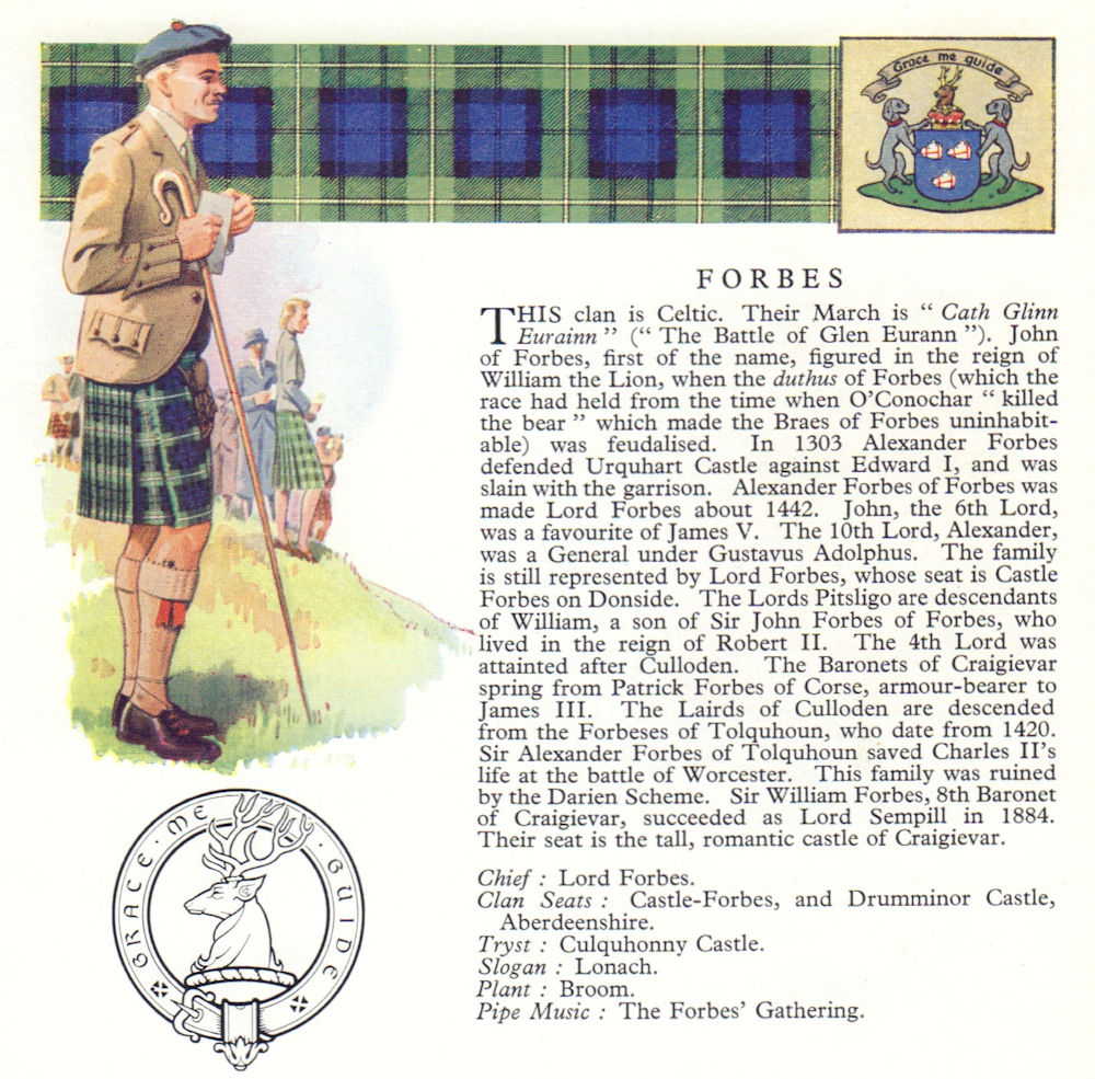 Forbes. Scotland Scottish clans tartans arms badge 1963 old vintage print