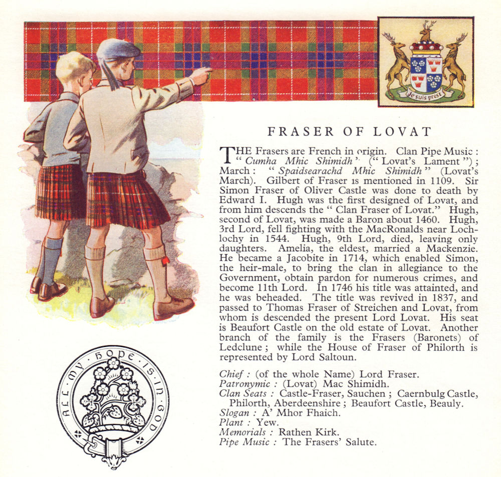 Fraser of Lovat. Scotland Scottish clans tartans arms badge 1963 old print