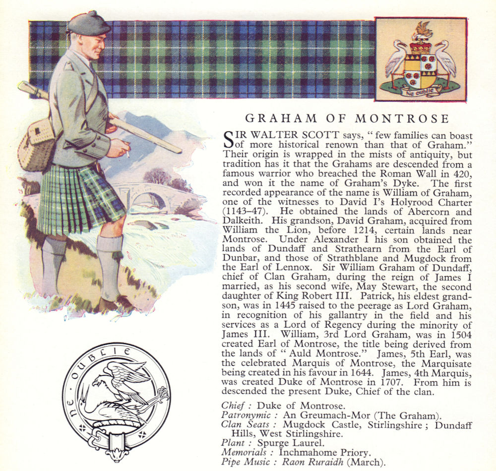 Graham of Montrose. Scotland Scottish clans tartans arms badge 1963 old print